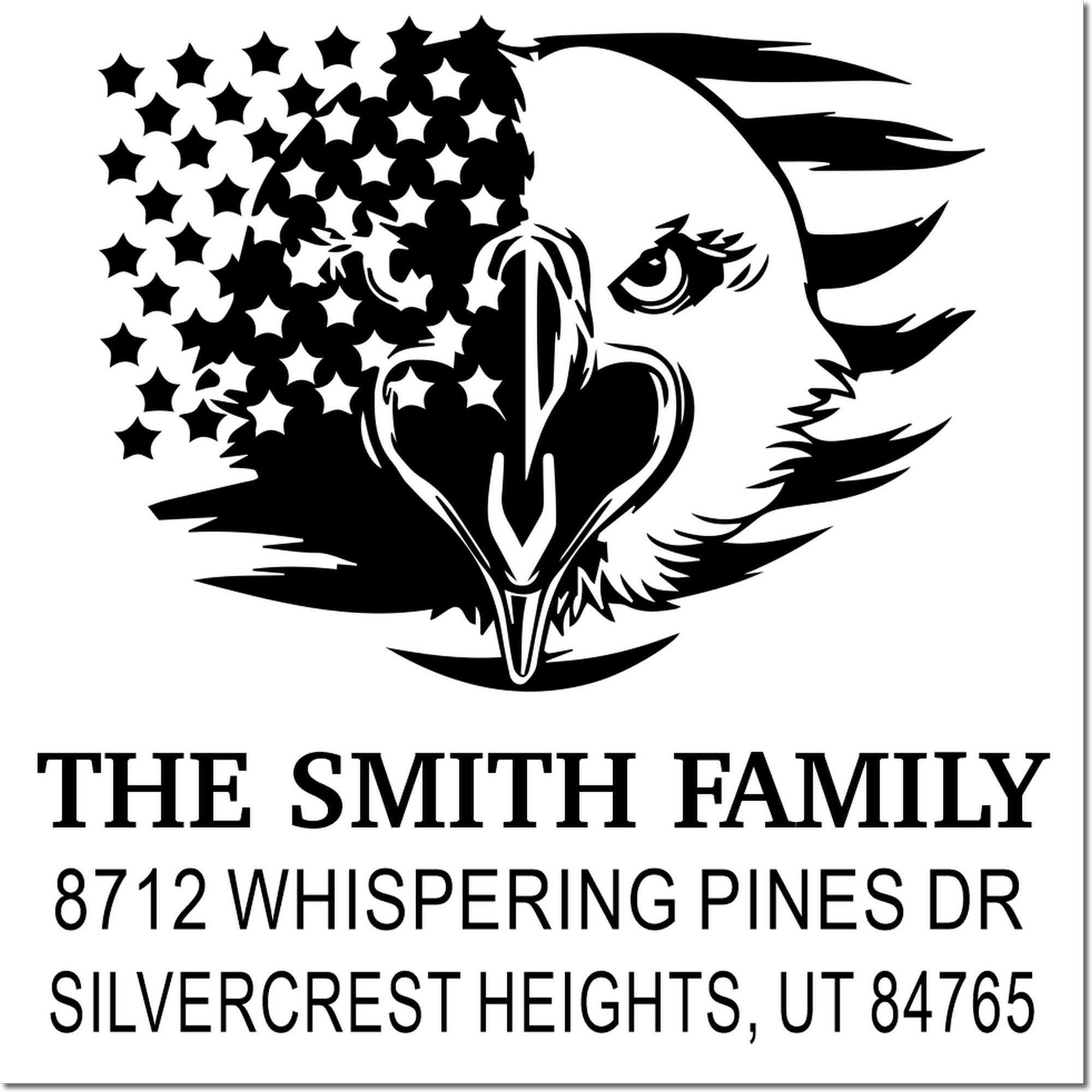 Custom family address stamp with patriotic eagle and stars design, reading The Smith Family, 8712 Whispering Pines Dr, Silvercrest Heights, UT 84765.