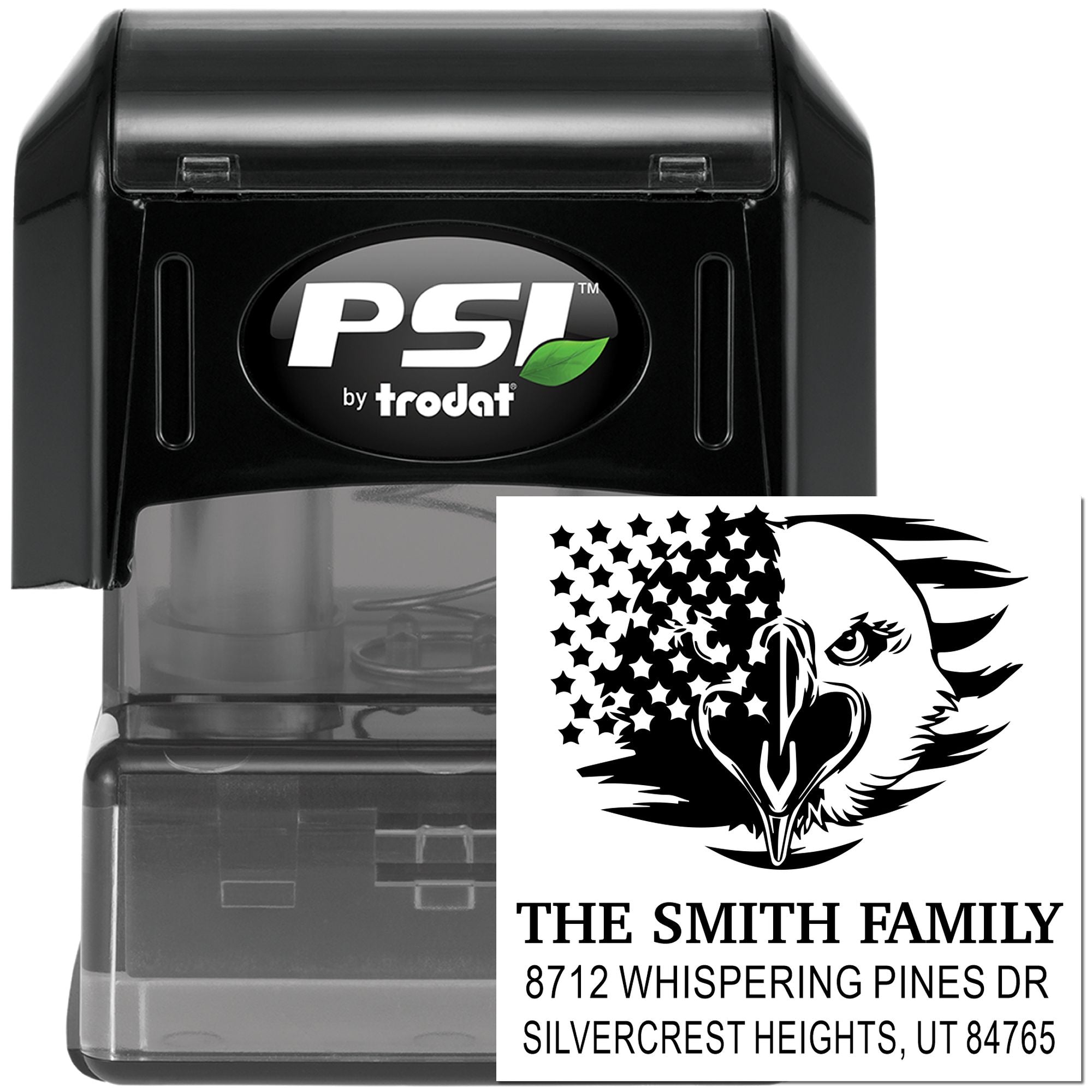 Custom self-inking address stamp with eagle graphic, PSI by Trodat, personalized Smith Family return address stamp for envelopes and mail