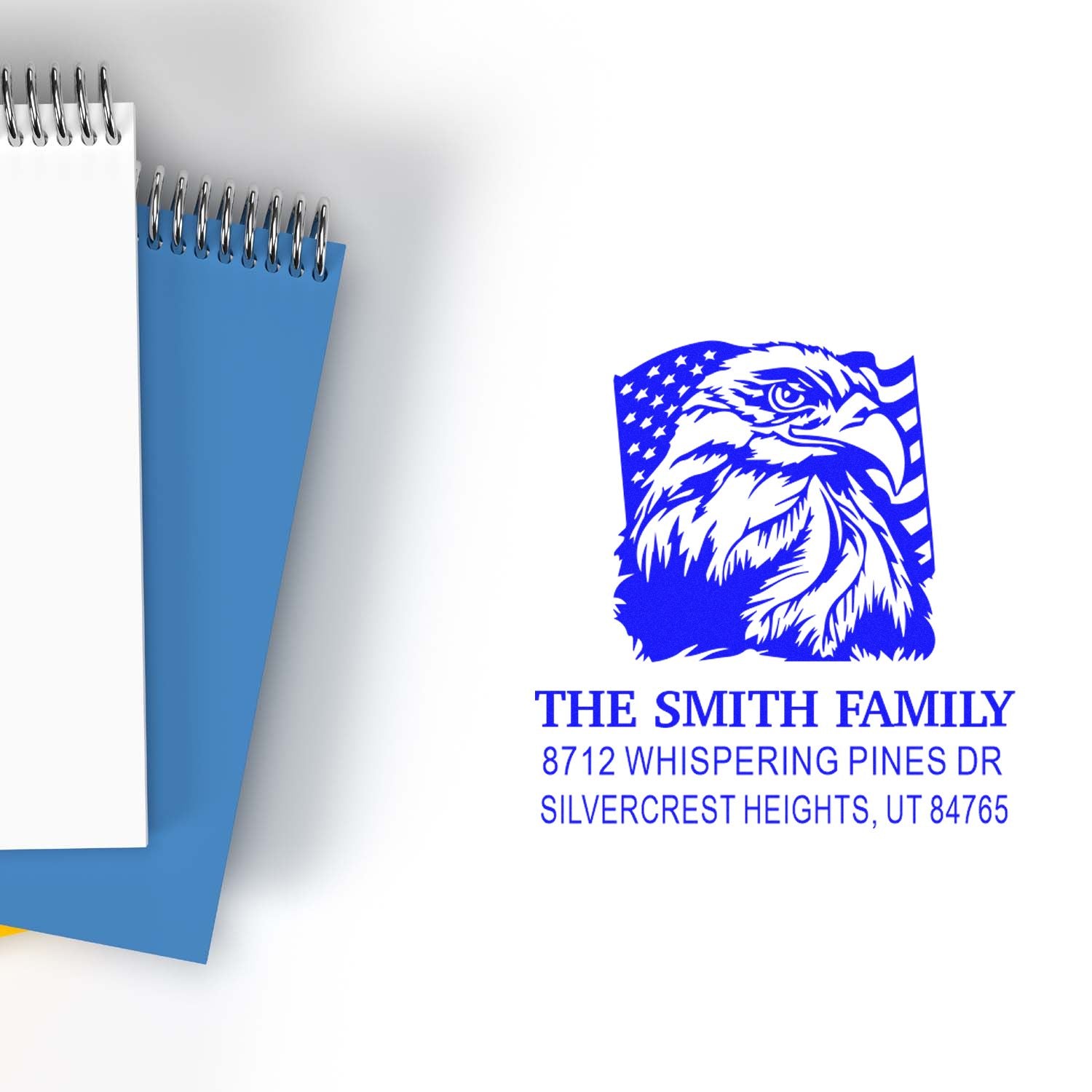 Custom eagle family address rubber stamp with patriotic design, personalized name and street address for envelopes, cards, and mailings.