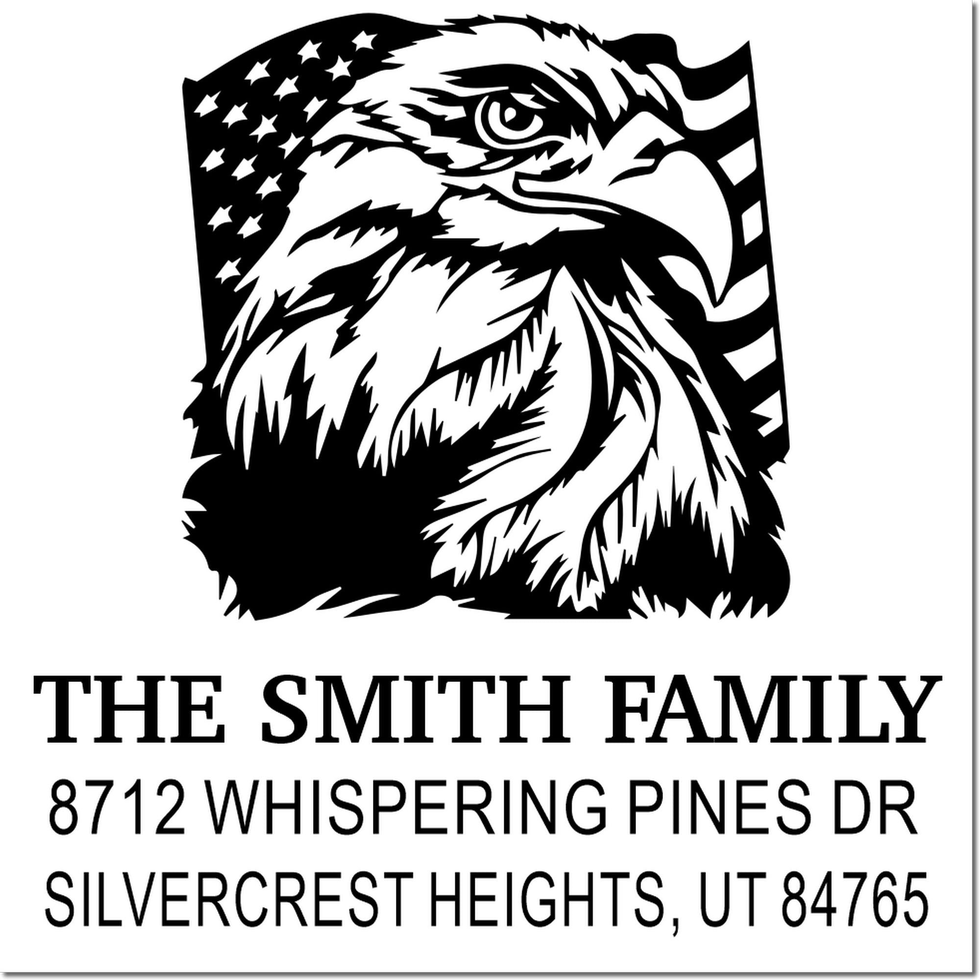 Custom family address stamp with bald eagle and U.S. flag, reading The Smith Family and 8712 Whispering Pines Dr, Silvercrest Heights, UT 84765