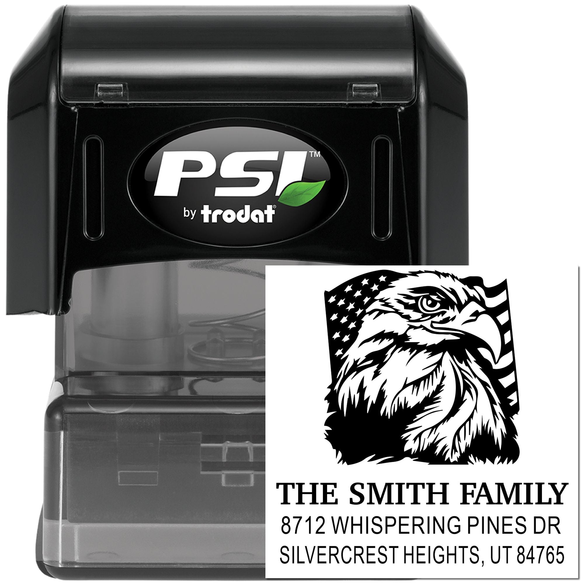PSI by Trodat self-inking address stamp with eagle and American flag design, shown beside personalized Smith Family return address on white background.