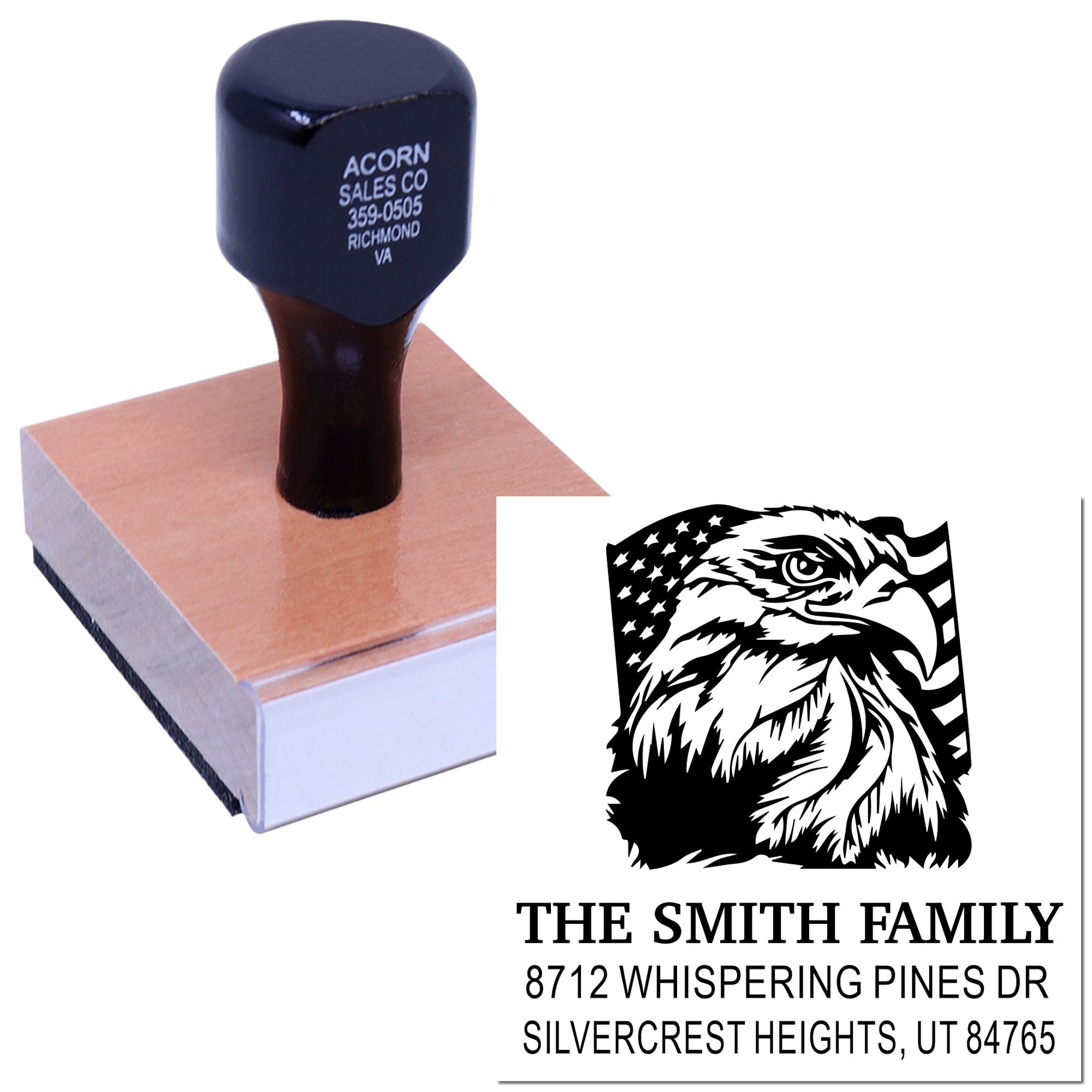 Custom rubber stamp with wood handle and personalized address stamp design, featuring a bold eagle graphic, family name, and return address