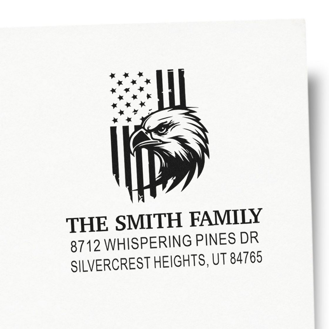 Custom return address stamp featuring an eagle and U.S. flag, with The Smith Family, Whispering Pines Dr, Silvercrest Heights, UT on a white background.