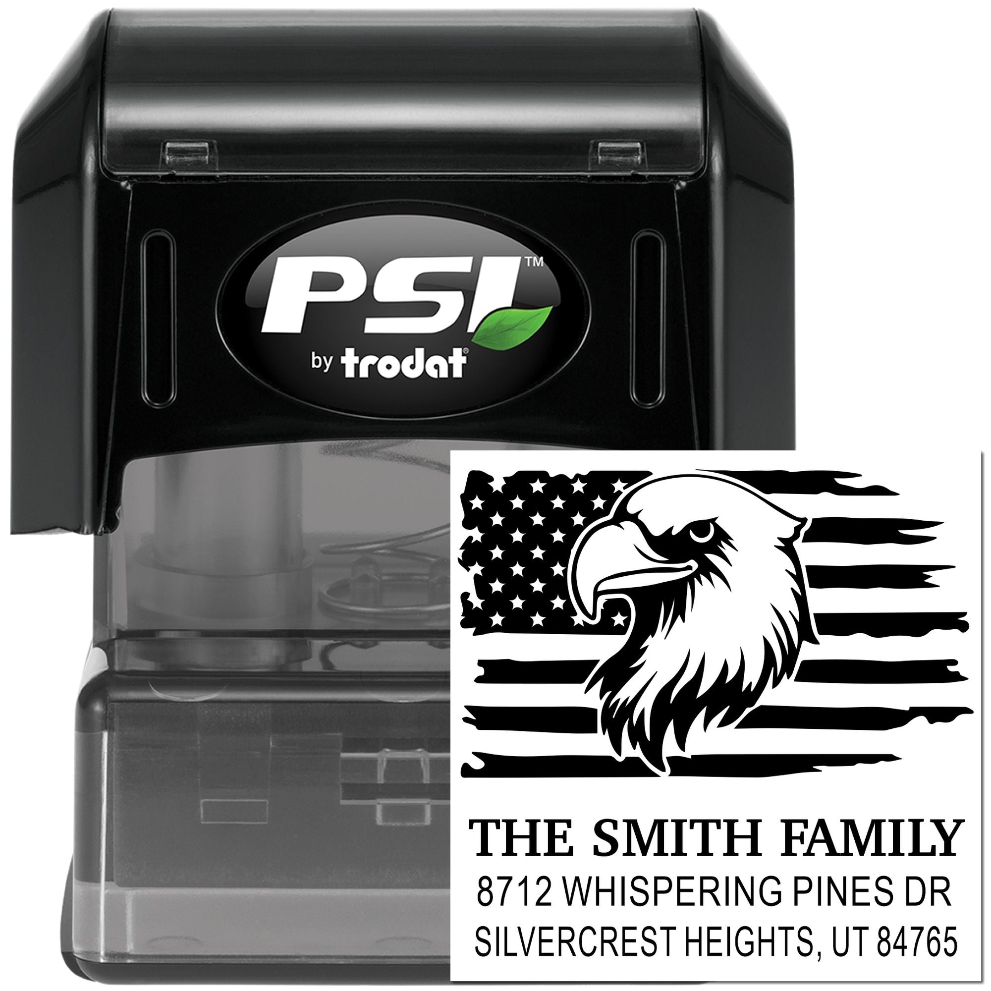 PSI by Trodat self-inking custom address stamp with eagle American flag design, showing The Smith Family address on a black stamp case.