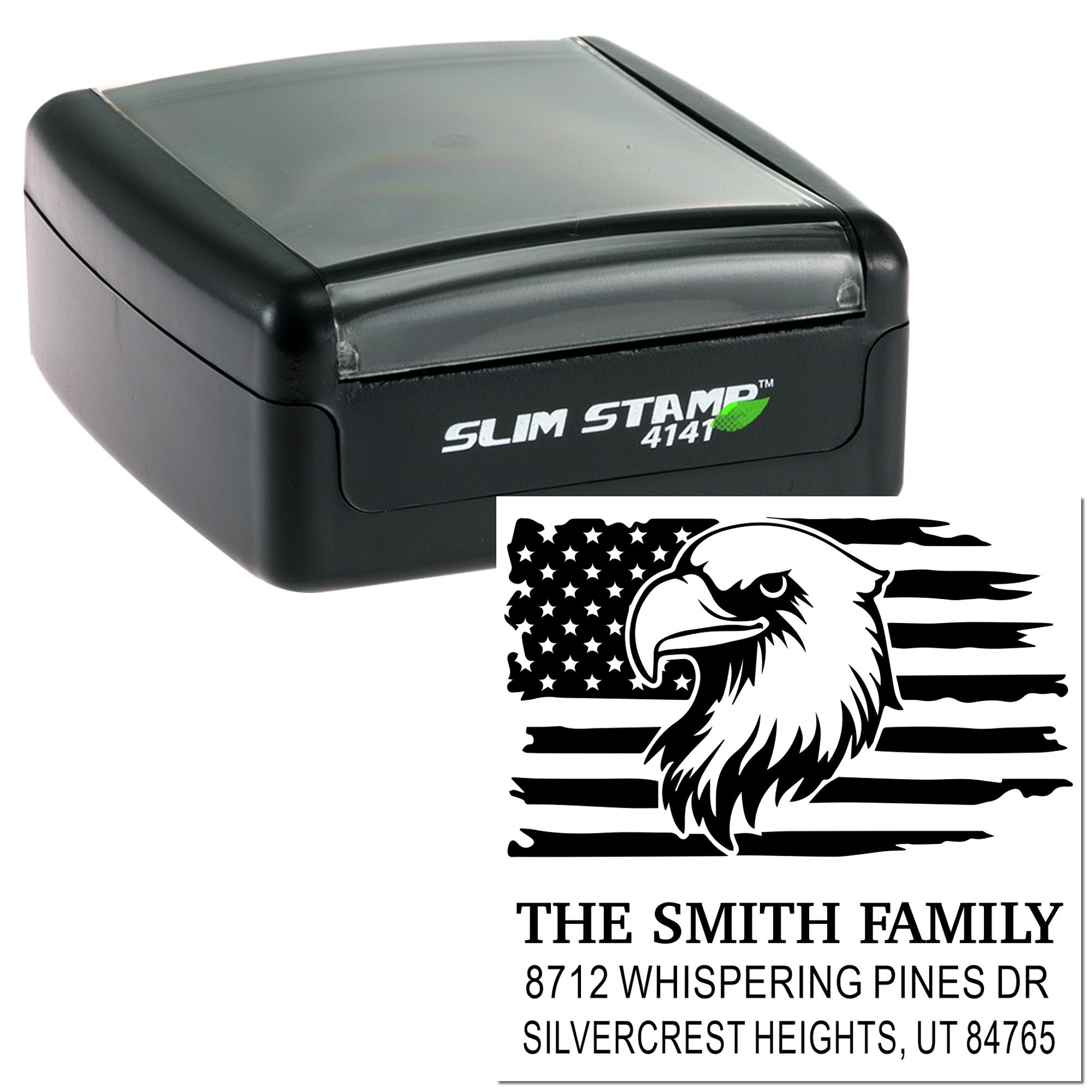 Custom Slim Stamp 4141 self-inking address stamp with eagle American flag design and The Smith Family return address on white background.