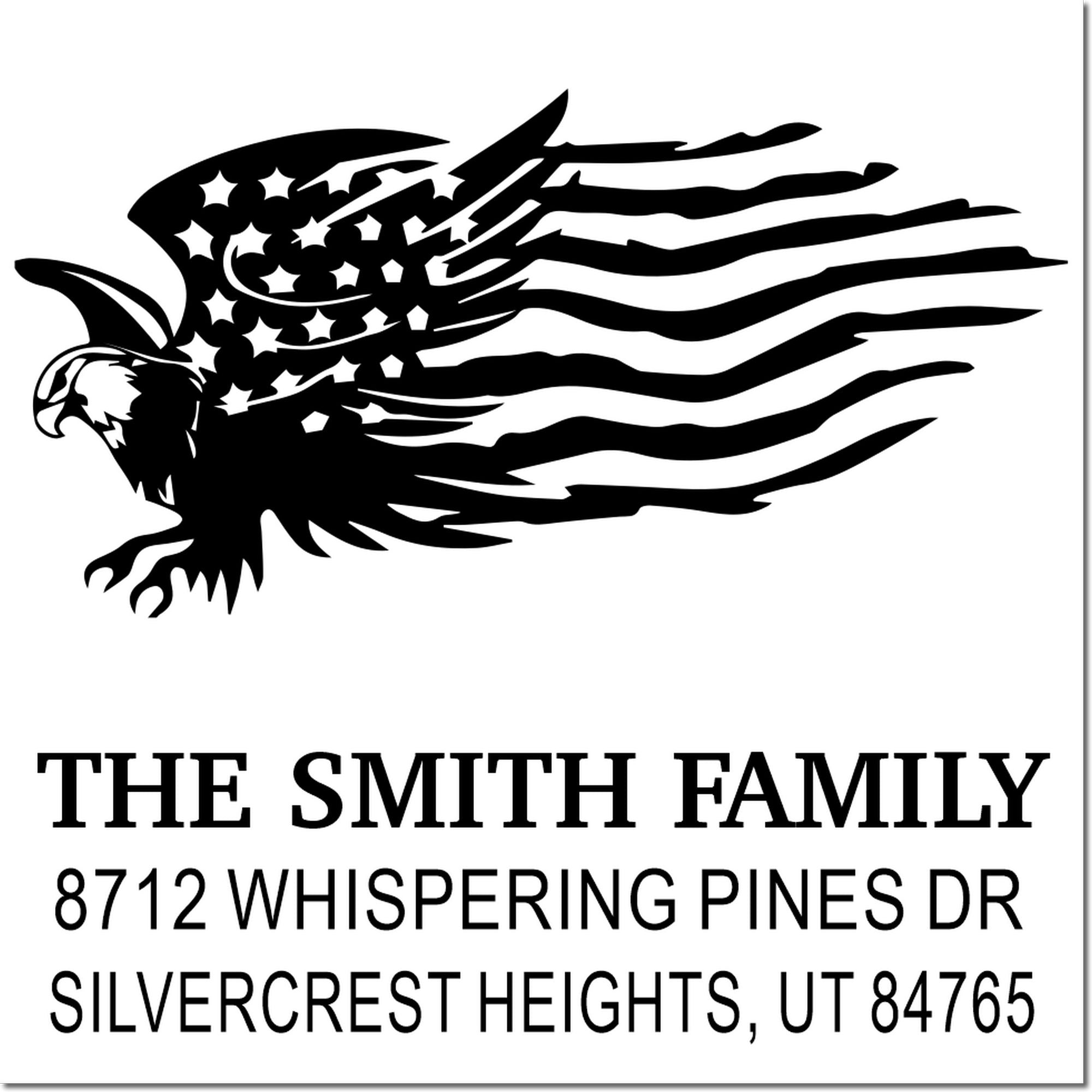 Custom rubber address stamp with eagle and American flag, The Smith Family, 8712 Whispering Pines Dr, Silvercrest Heights UT 84765