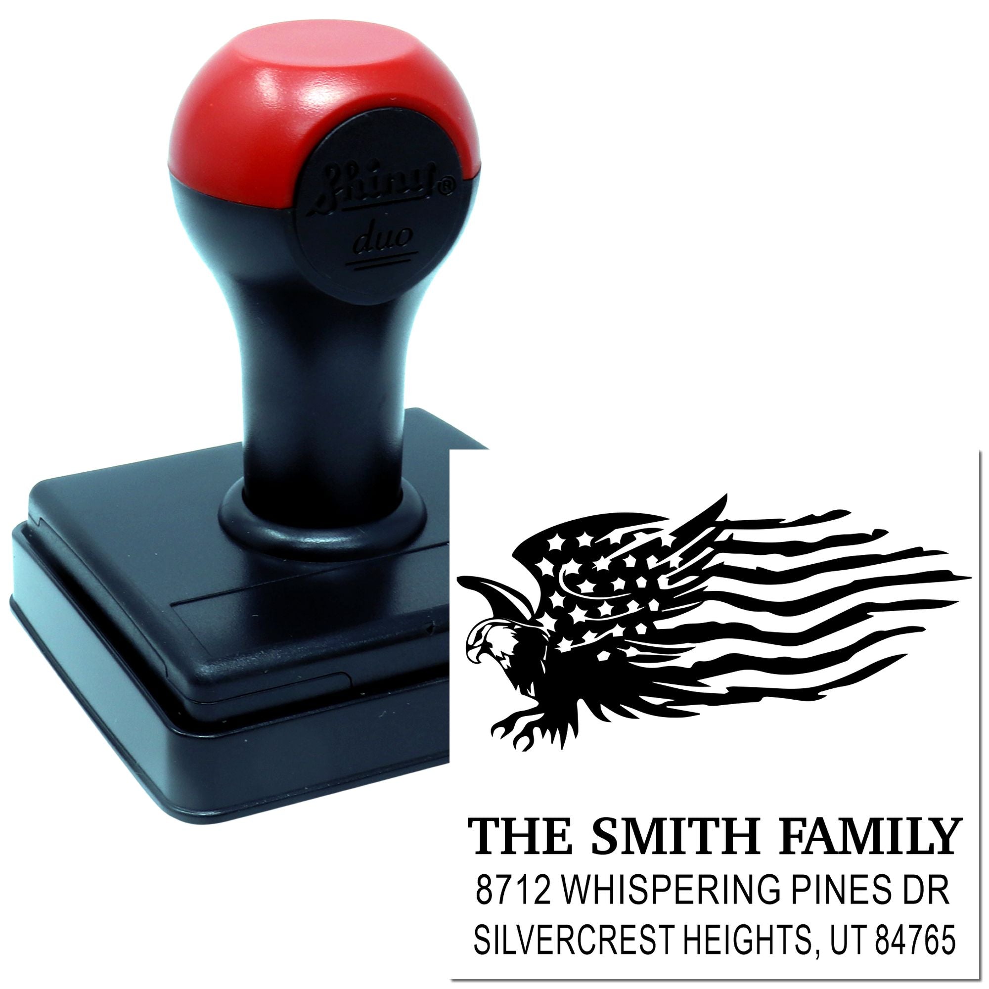 Custom self-inking rubber stamp with eagle and American flag design for return address, featuring The Smith Family and Silvercrest Heights, UT.