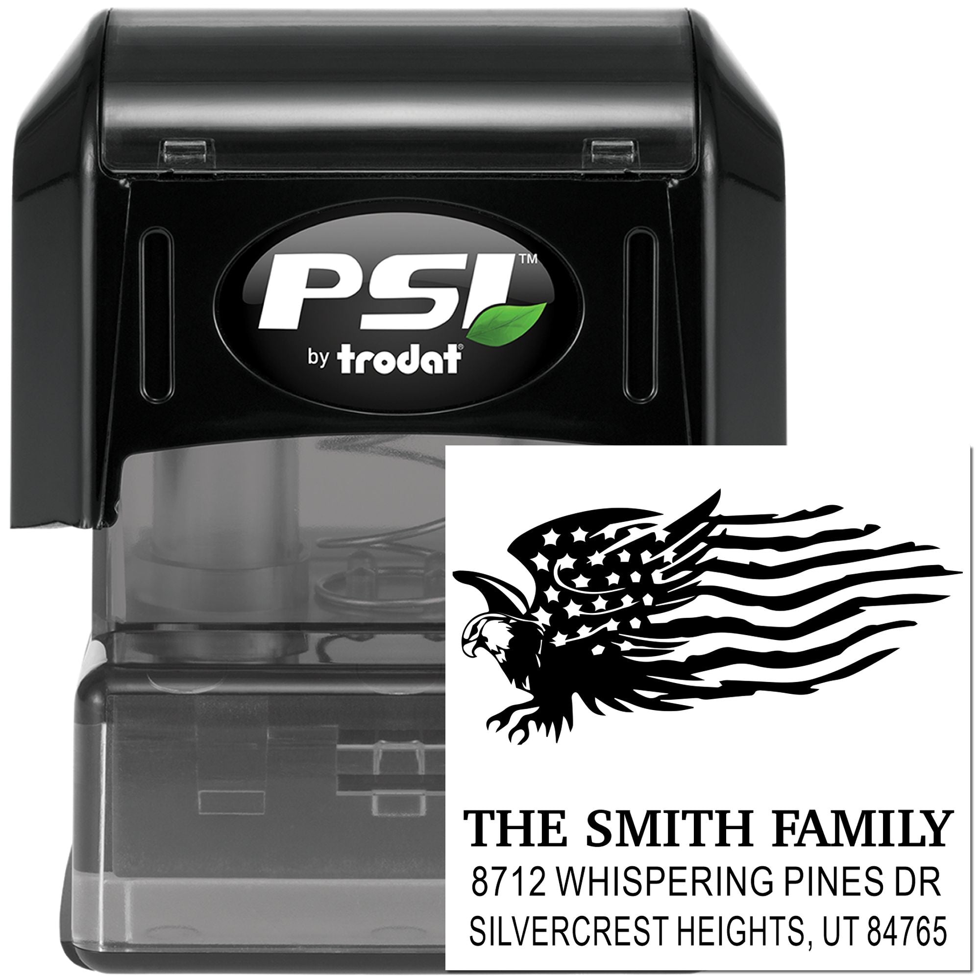 PSI by Trodat self-inking rubber address stamp with eagle graphic and personalized family name and address for mail, home, and packaging