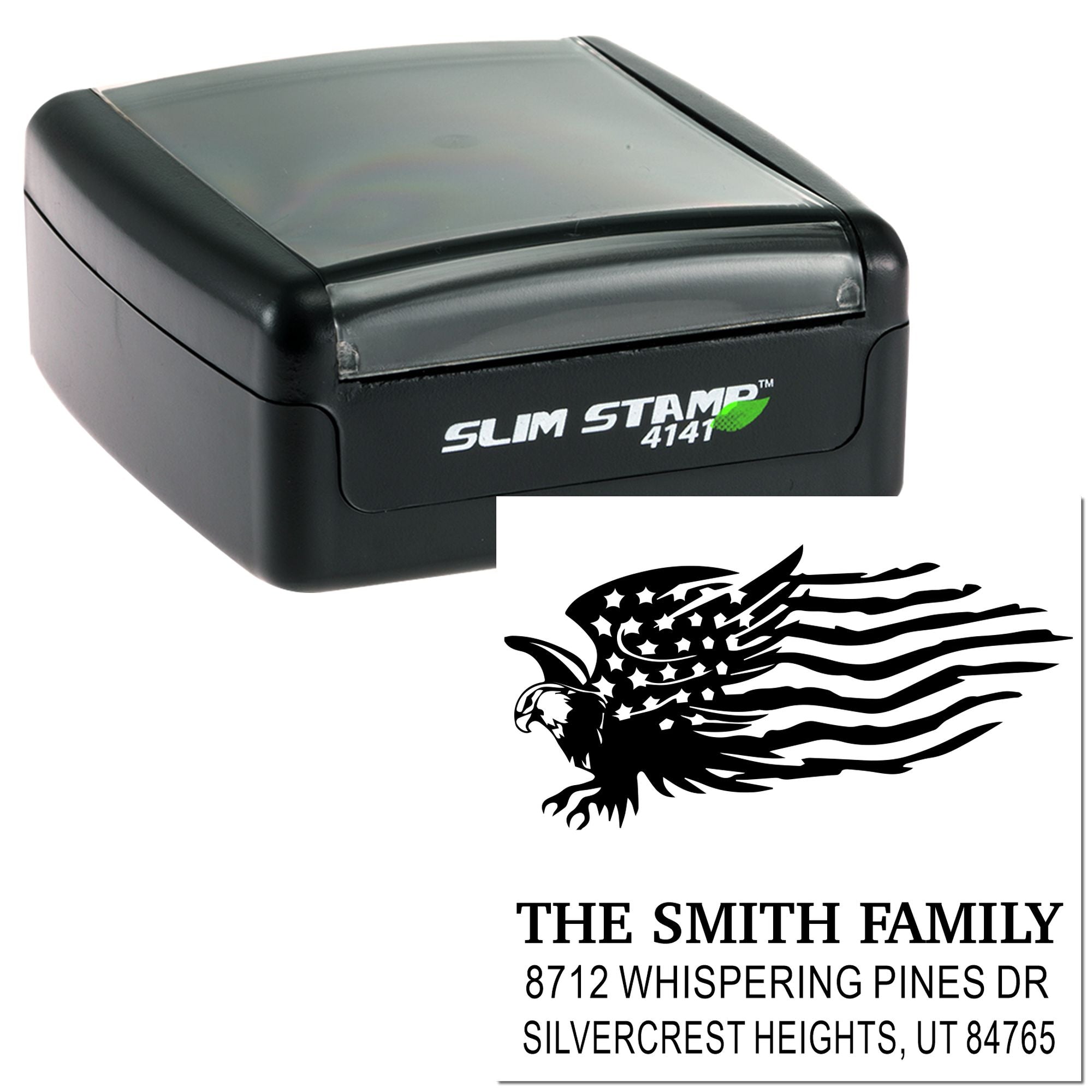 Slim Stamp 4141 custom rubber address stamp with eagle design, family name, street address, city, state and ZIP for mailing and correspondence