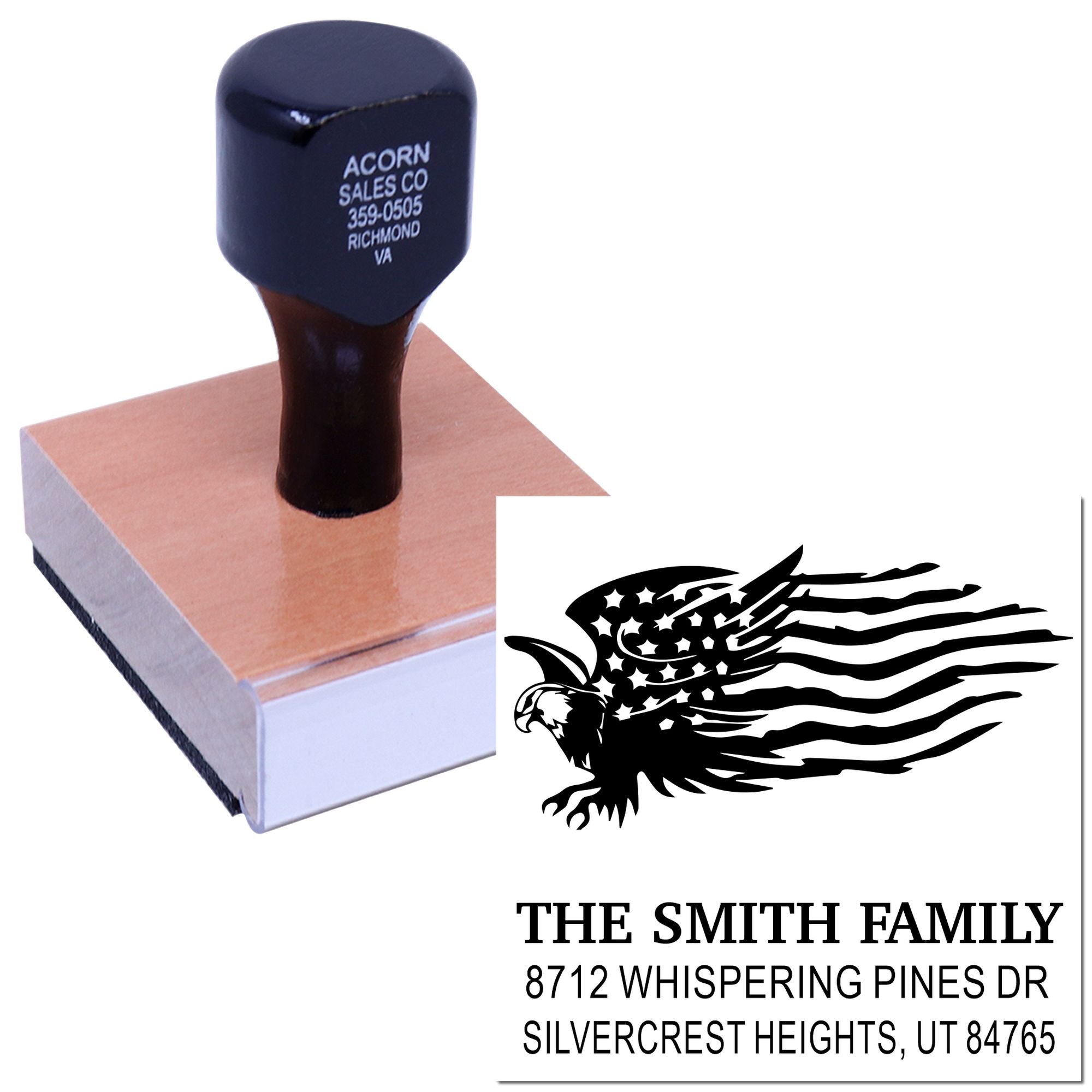 Custom rubber stamp with eagle design and family address, ideal for personalized return address printing on mail, stationery, and business forms.