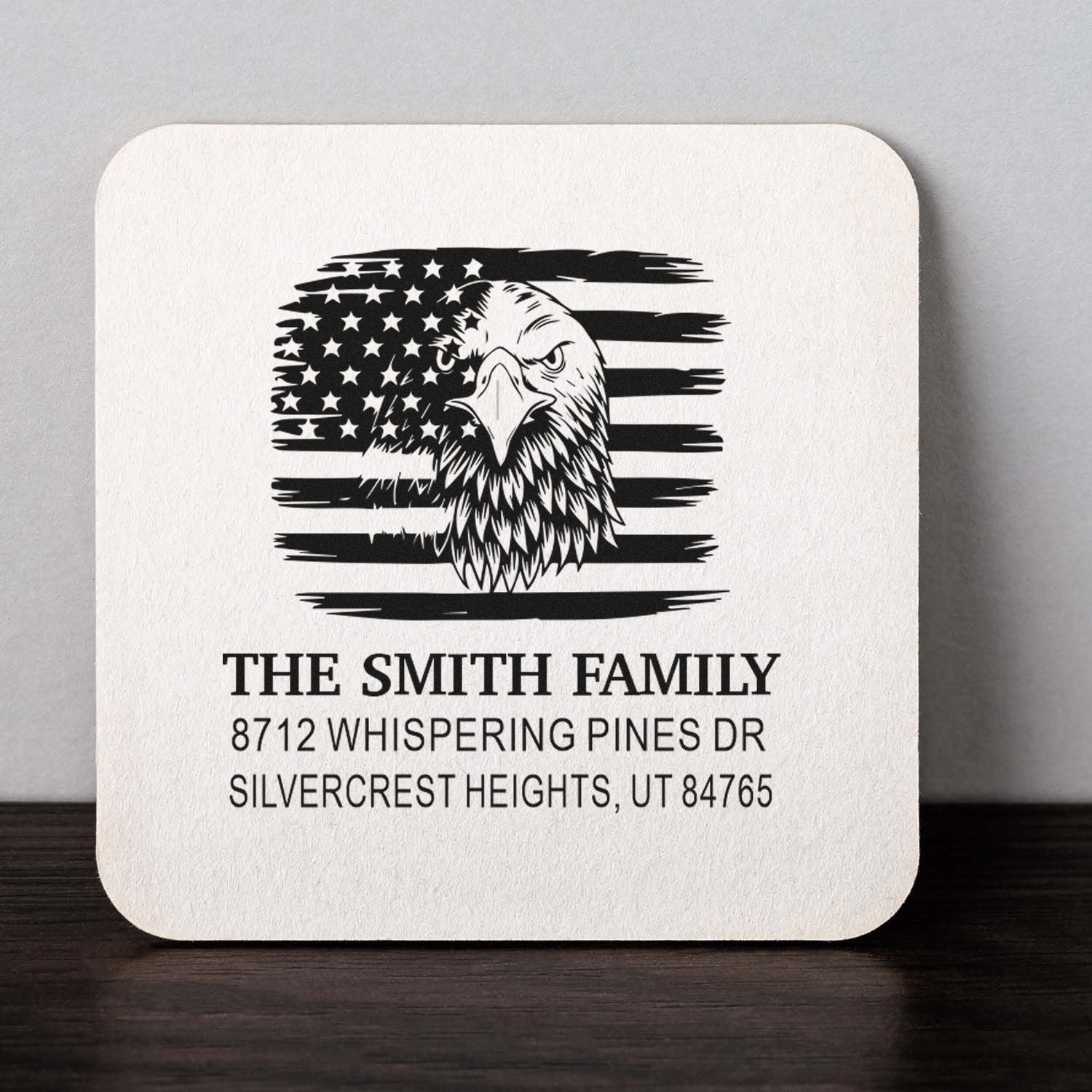 Custom return address stamp with bald eagle and American flag design, featuring The Smith Family address on a square white stamp block.