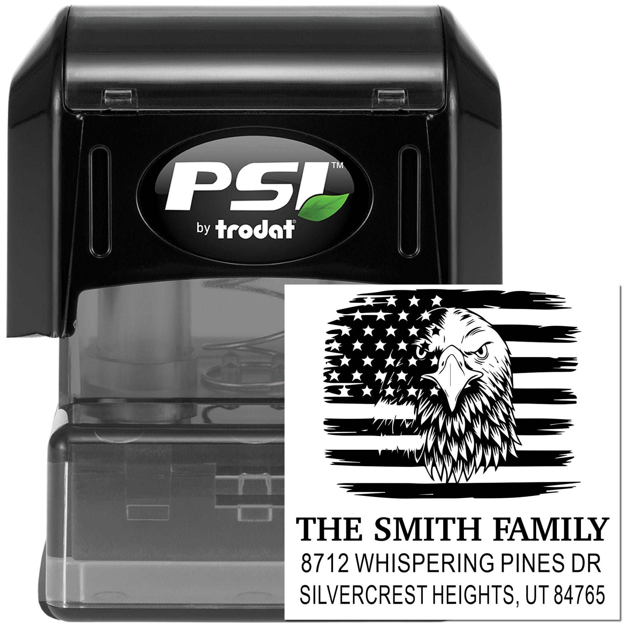 PSI by Trodat self-inking address stamp with eagle and American flag design, personalized for The Smith Family, shown in black plastic case.
