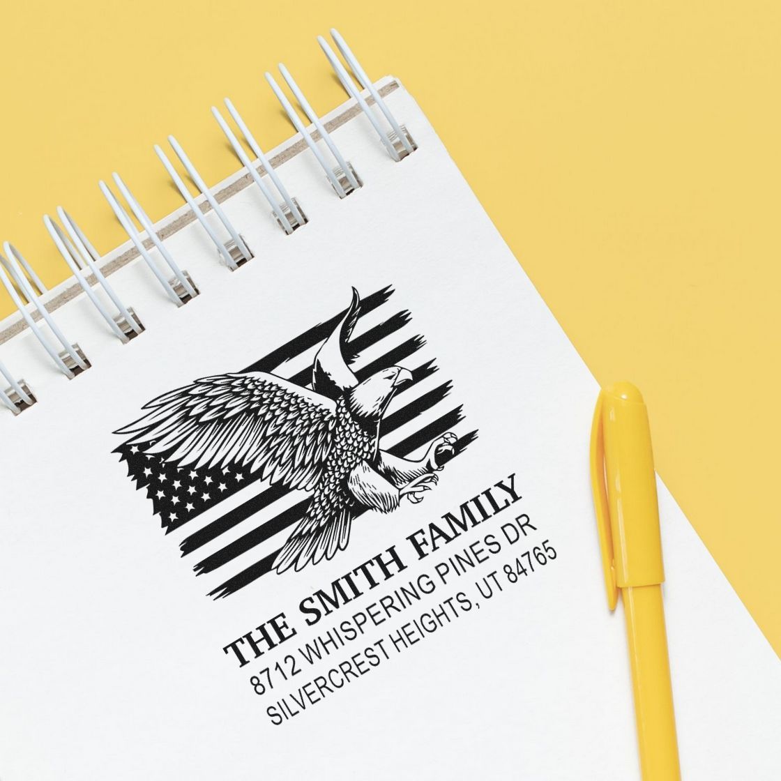 Custom family address rubber stamp with eagle and American flag design, personalized return address stamp for envelopes and mailings