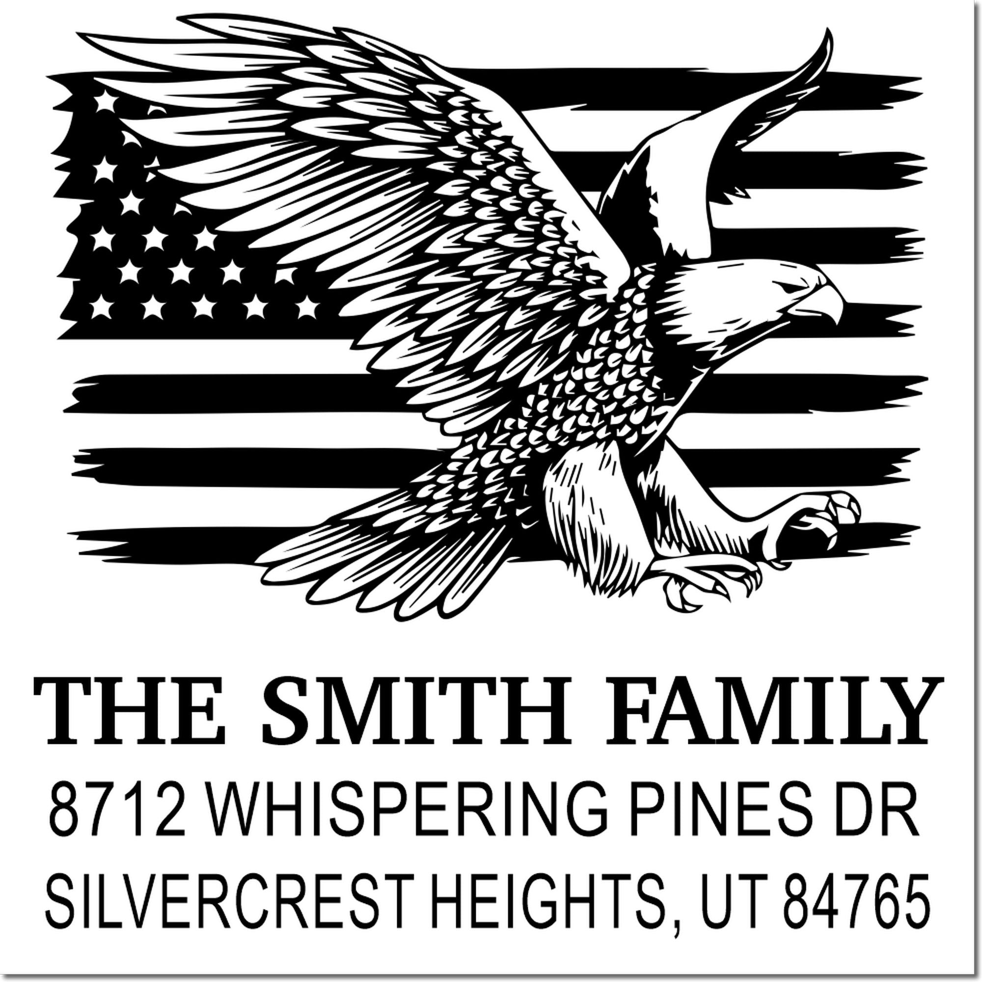 Custom rubber stamp with eagle over distressed American flag, personalized with The Smith Family and Silvercrest Heights Utah return address.