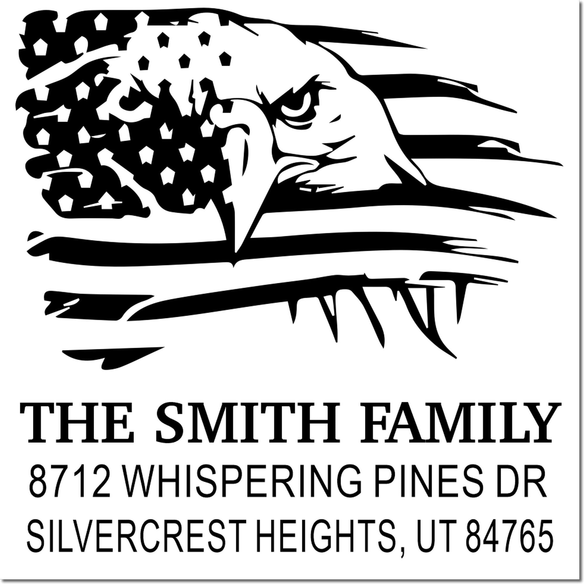 Custom Smith family address rubber stamp with bold name, 8712 Whispering Pines Dr, Silvercrest Heights, UT 84765, and stylized western horse graphic