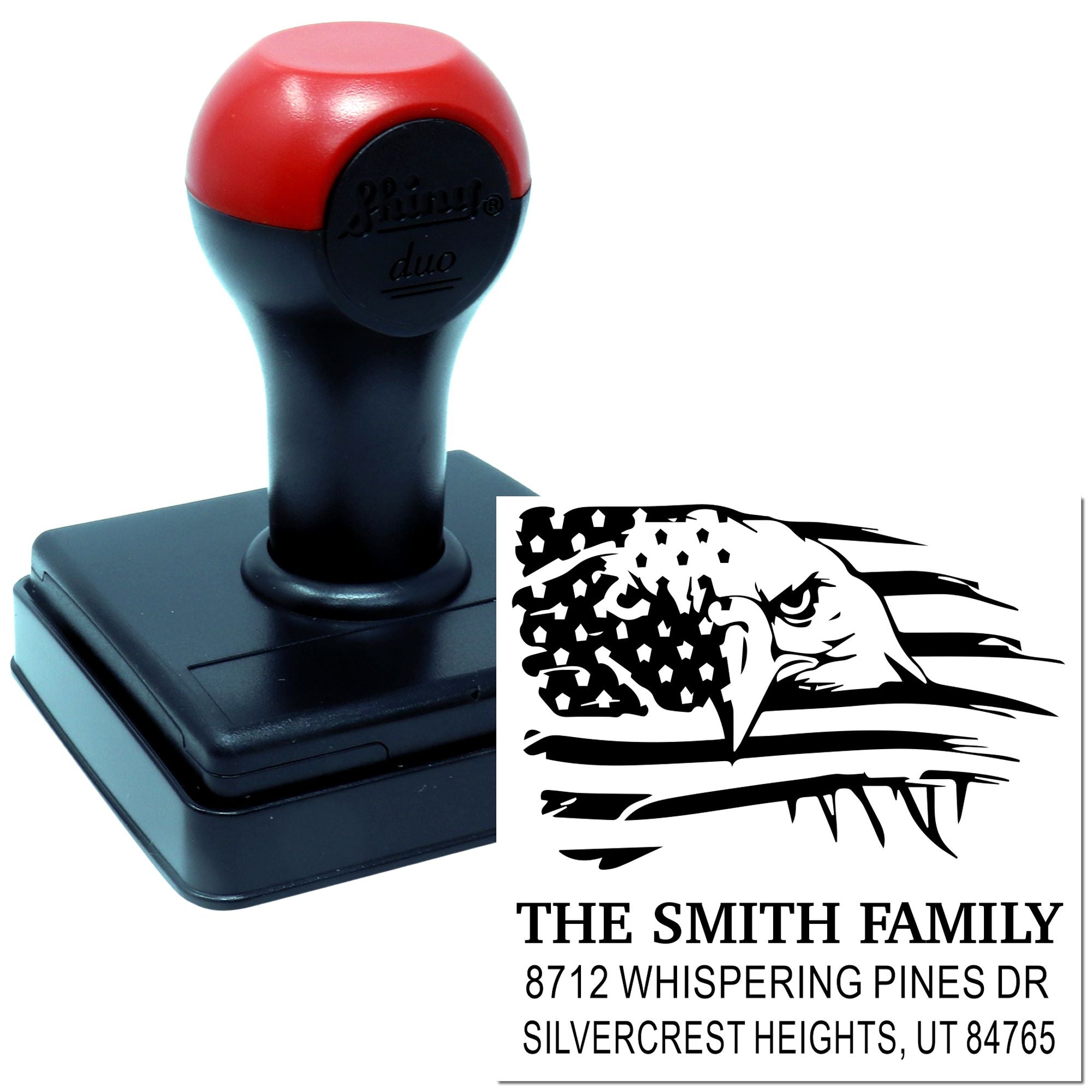 Custom self-inking rubber address stamp with patriotic eagle and American flag design, personalized with family name and full mailing address.