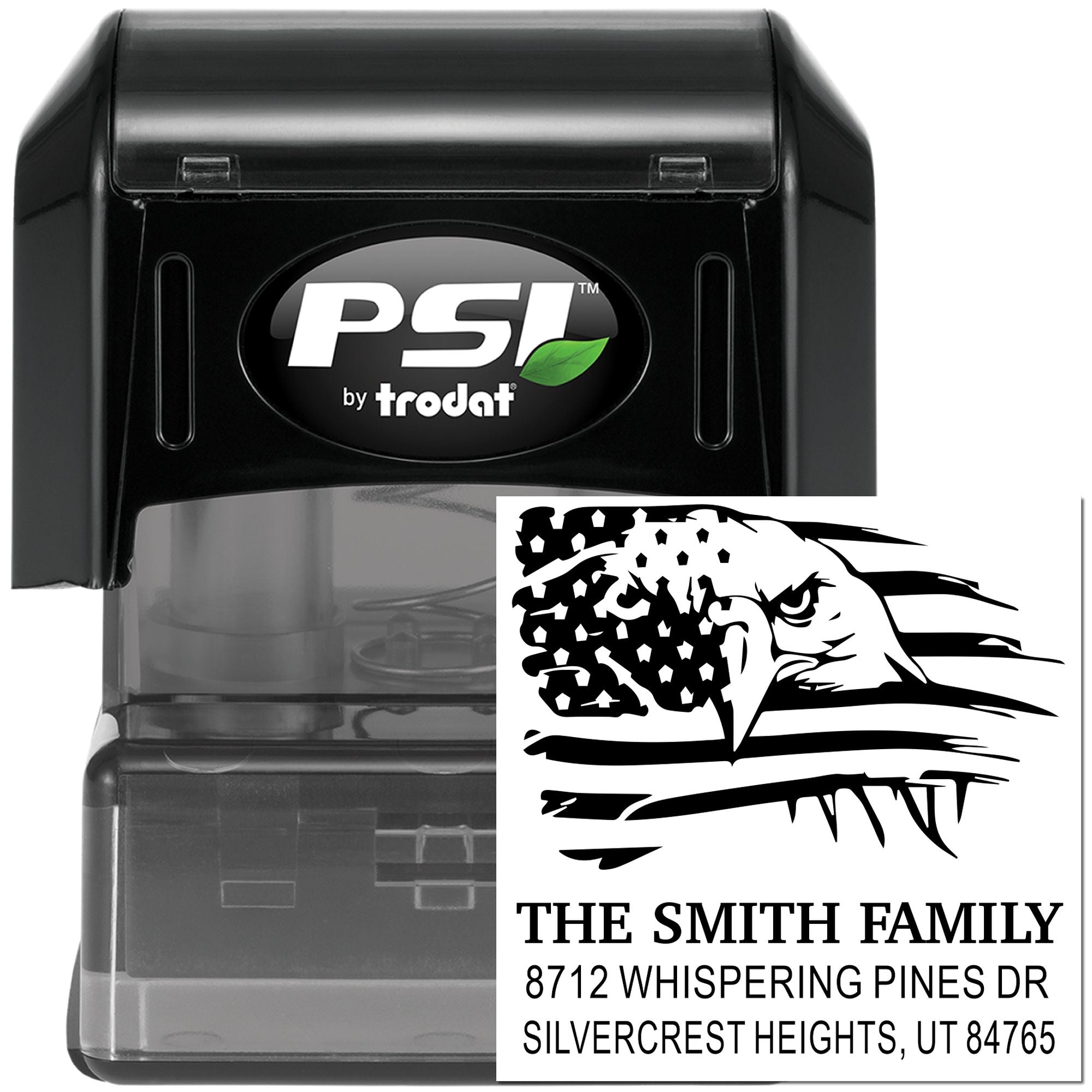 PSI by Trodat self-inking rubber stamp with custom eagle design, Smith family name, and Silvercrest Heights, UT return address