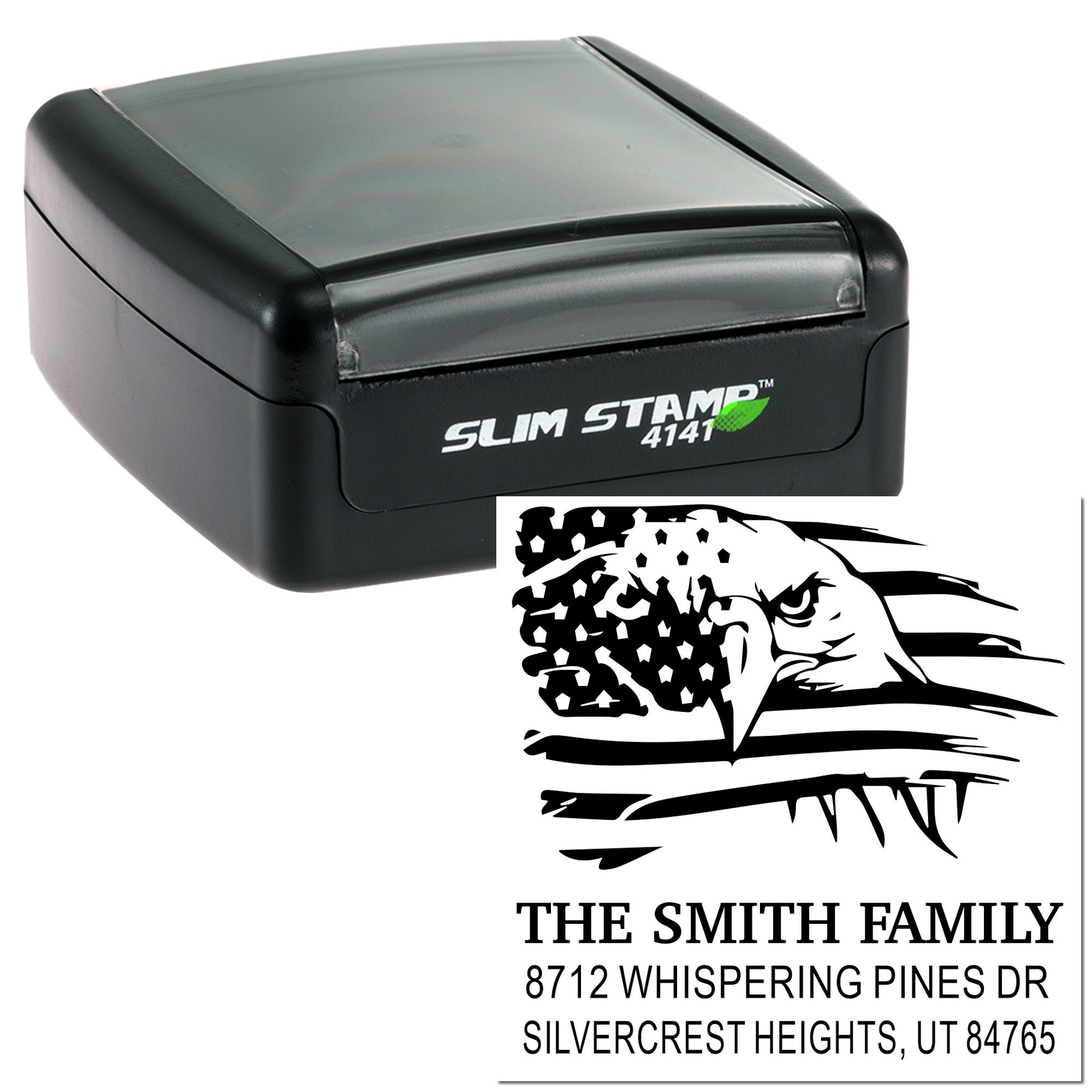 Custom self-inking address stamp with eagle and U.S. flag design, featuring The Smith Family name and Silvercrest Heights, UT mailing address.