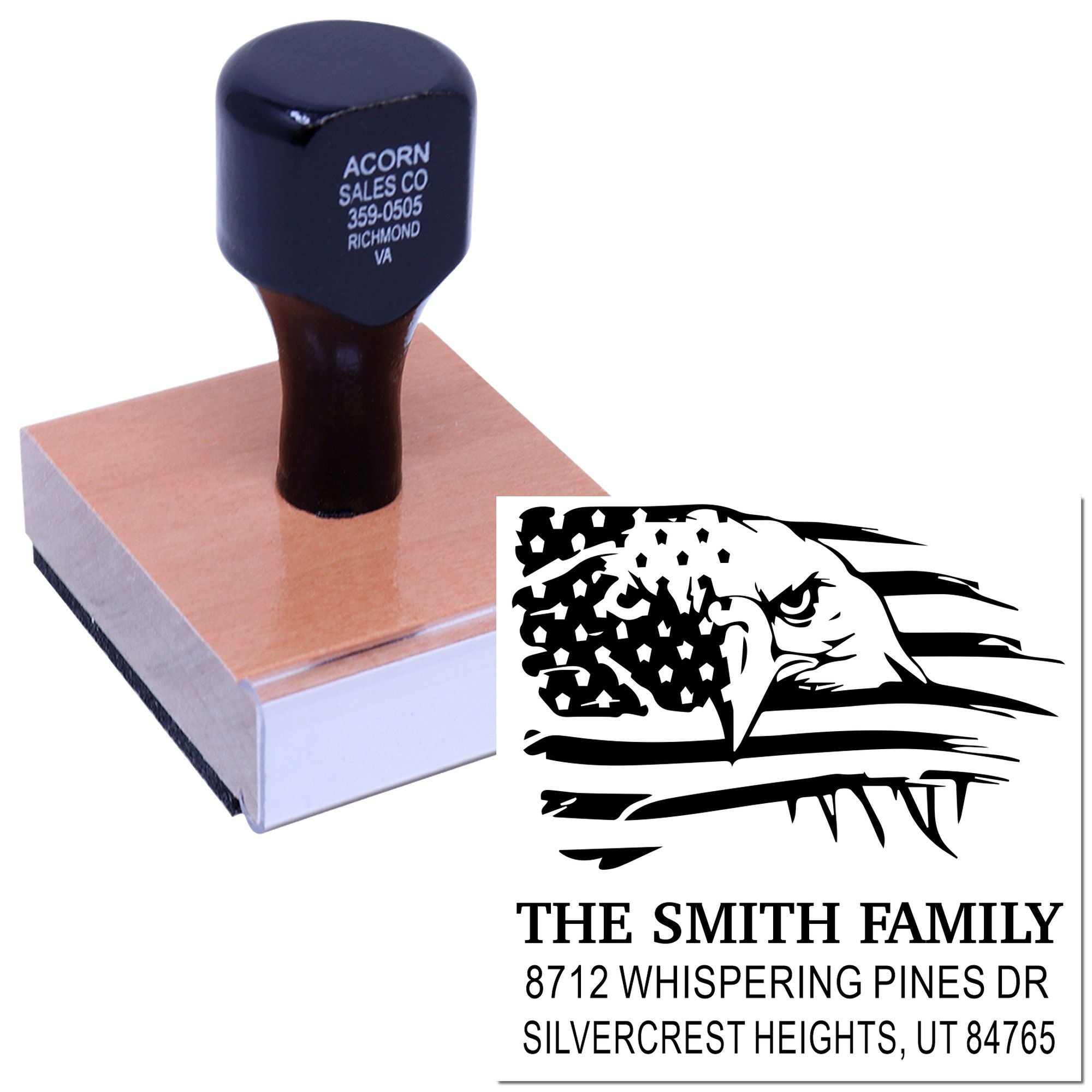 Custom self-inking address stamp with eagle and U.S. flag design, stamping The Smith Family address on a paper block.