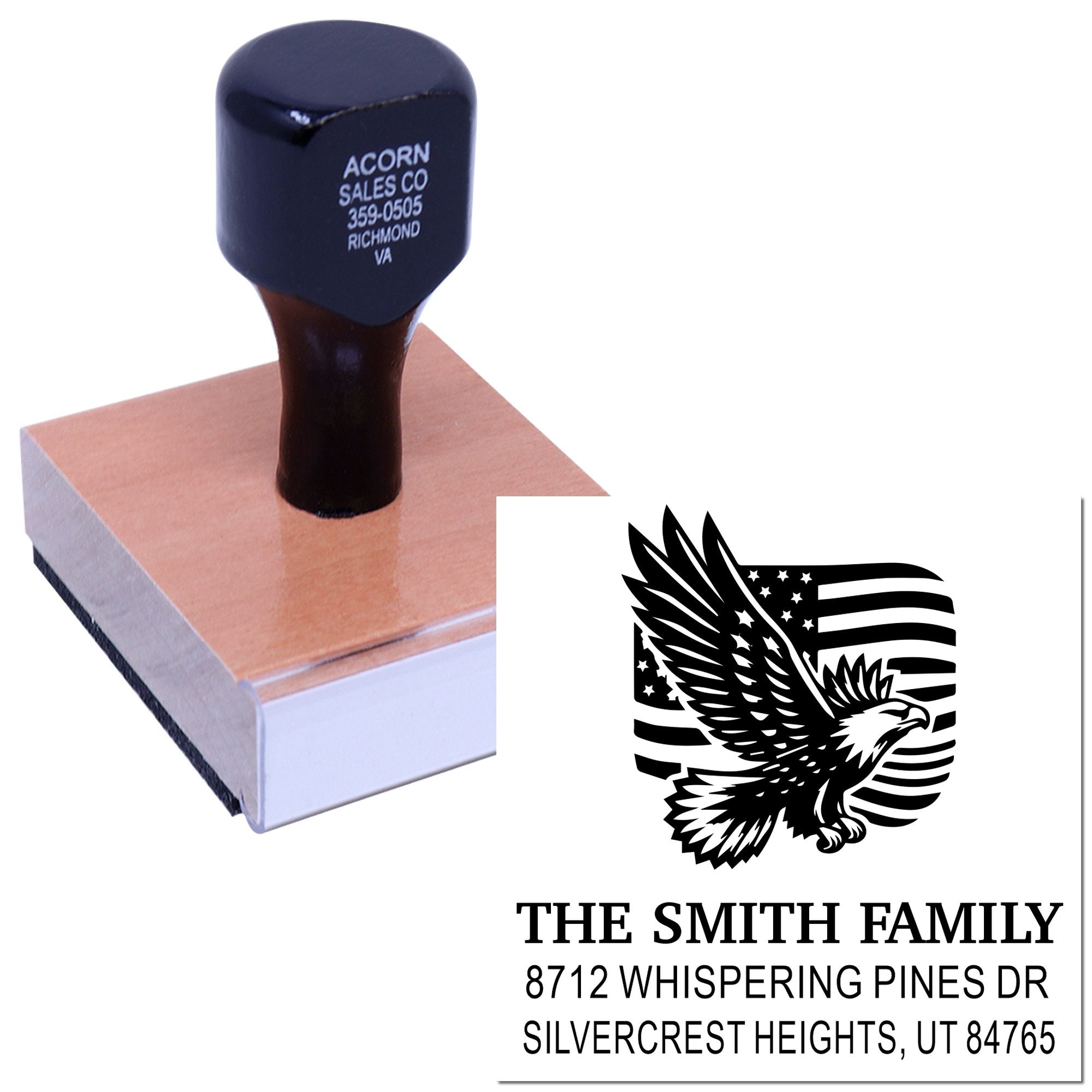 Custom rubber stamp with eagle American flag design and The Smith Family address, personalized mailing stamp for envelopes, cards, and stationery