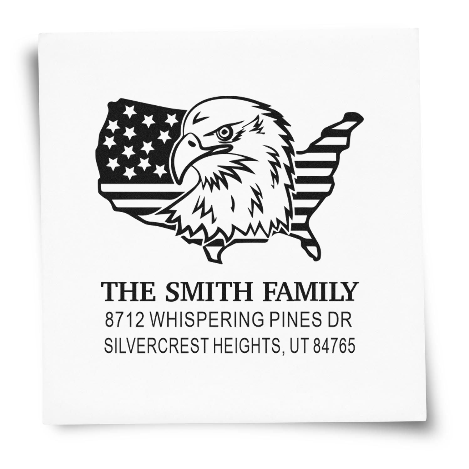 Custom return address rubber stamp with bald eagle and American flag state outline, The Smith Family personalized mail stamp with Utah address