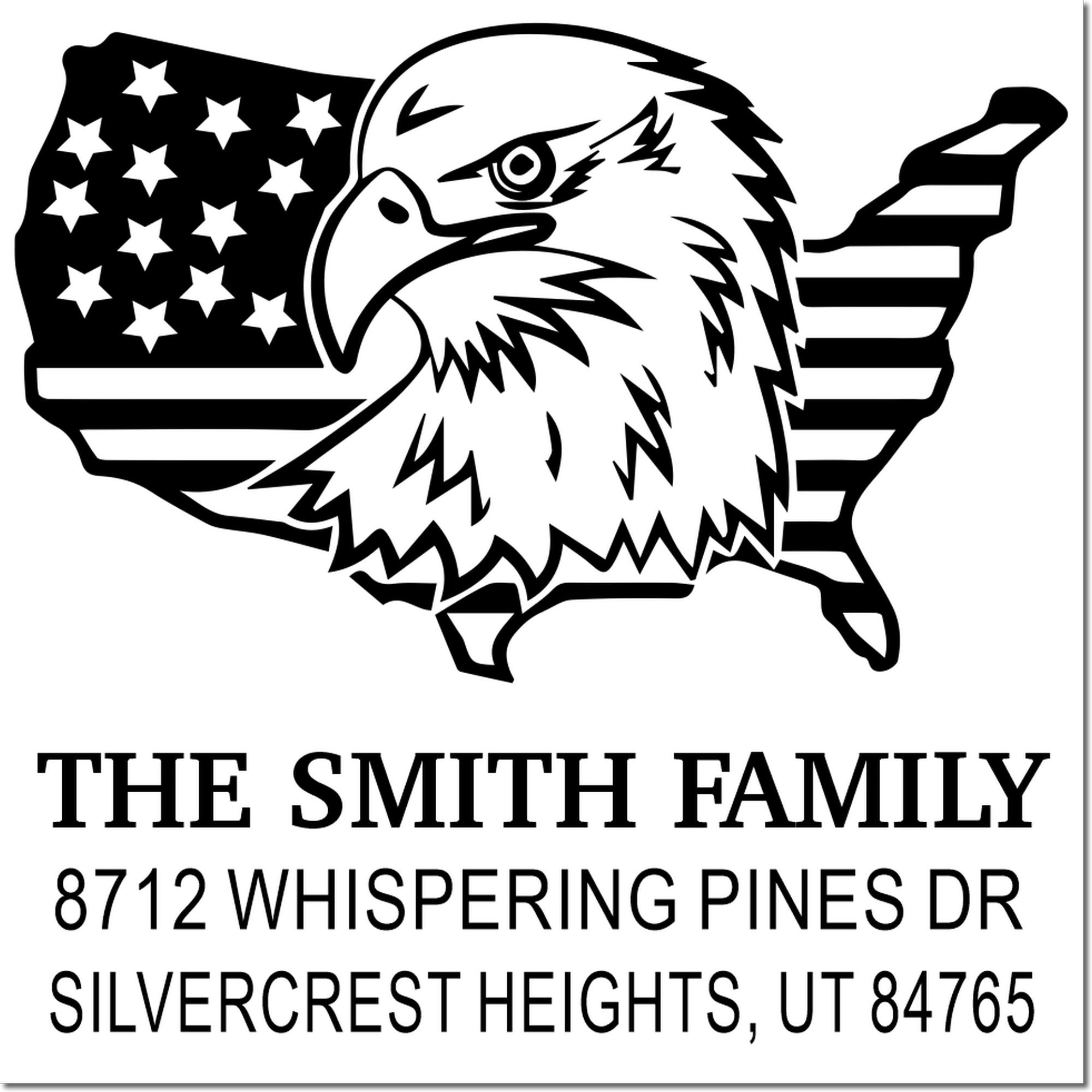 Custom family address stamp with eagle over American flag, reading The Smith Family, 8712 Whispering Pines Dr, Silvercrest Heights, UT 84765.