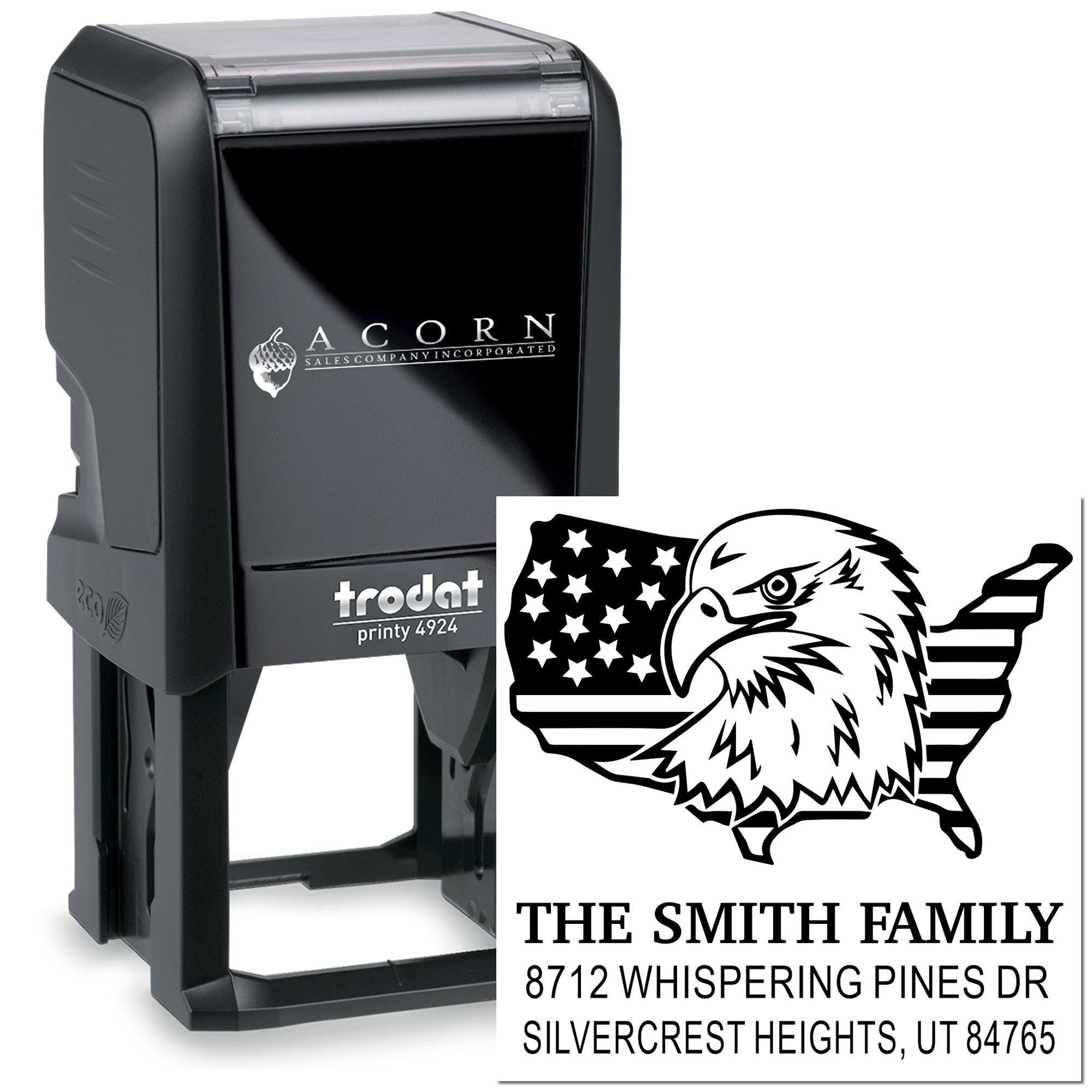 Custom Trodat Printy 4924 self-inking address stamp with eagle and American flag design for The Smith Family, personalized rubber stamp product