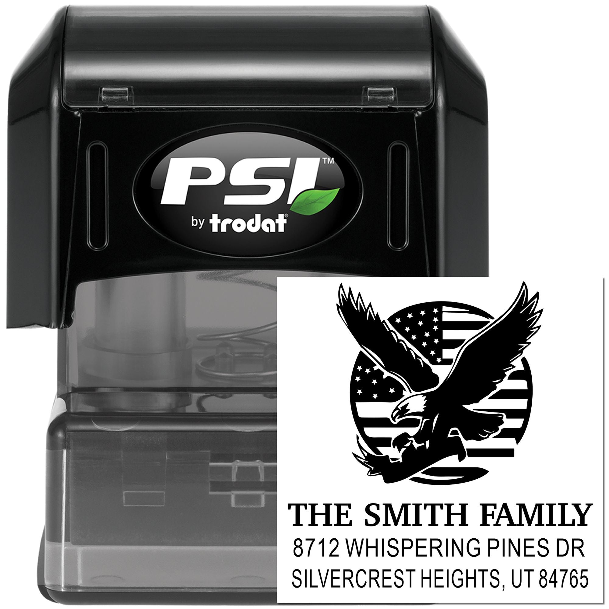 Custom self-inking rubber address stamp with eagle American flag design, The Smith Family, 8712 Whispering Pines Dr, Silvercrest Heights, UT 84765