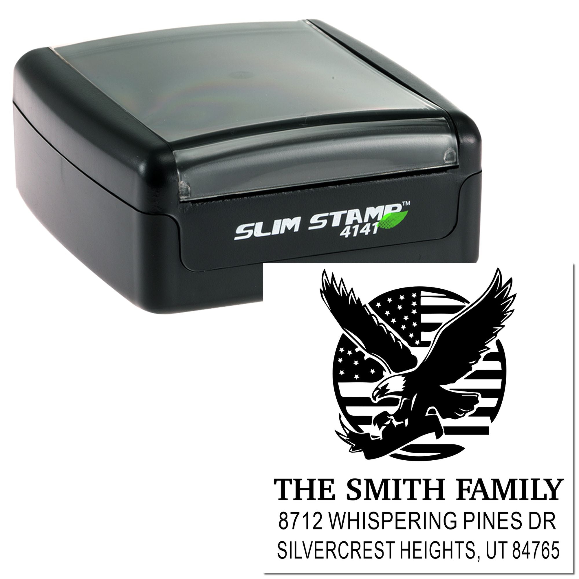 Custom self-inking Slim Stamp with eagle graphic and The Smith Family address imprint, shown on a white background.