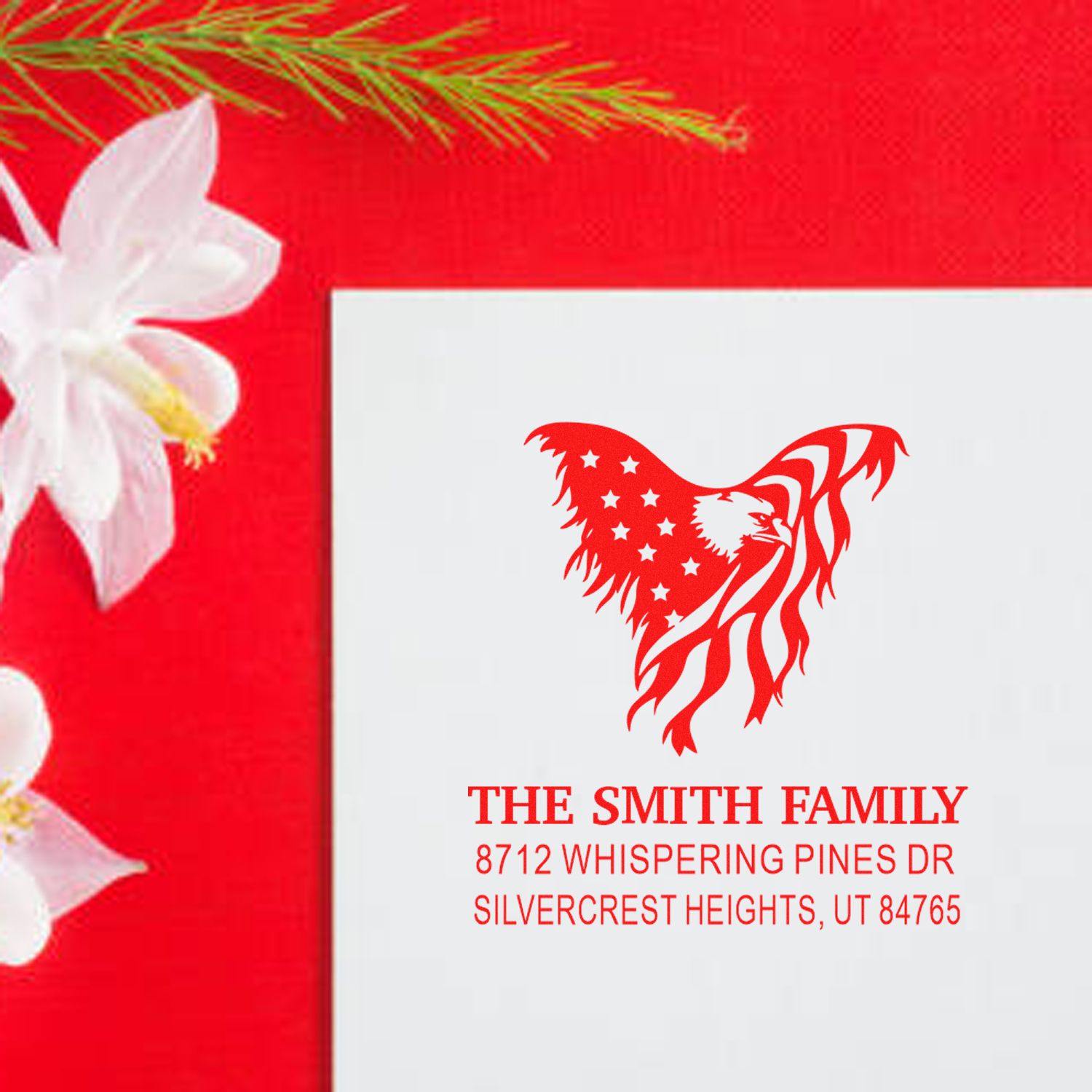 Custom holiday return address rubber stamp with patriotic eagle and American flag design, personalized for The Smith Family, Silvercrest Heights, UT