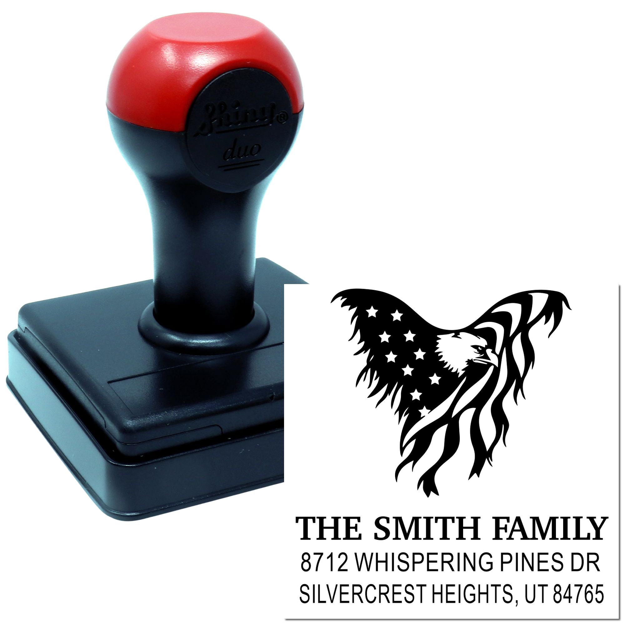Custom self-inking rubber stamp with eagle design and return address for The Smith Family, Silvercrest Heights, Utah, ideal for mailing and business use