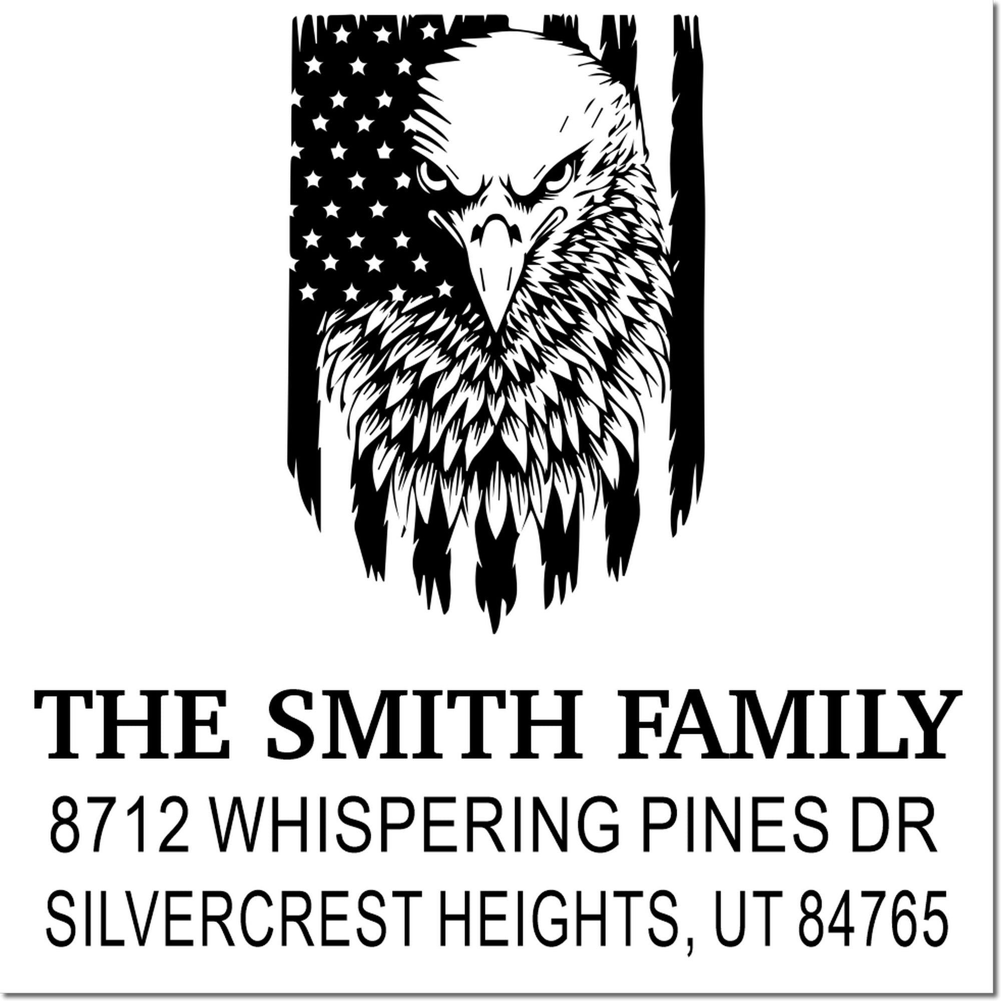 Custom return address rubber stamp with patriotic eagle and American flag design, personalized for The Smith Family, 8712 Whispering Pines Dr, UT