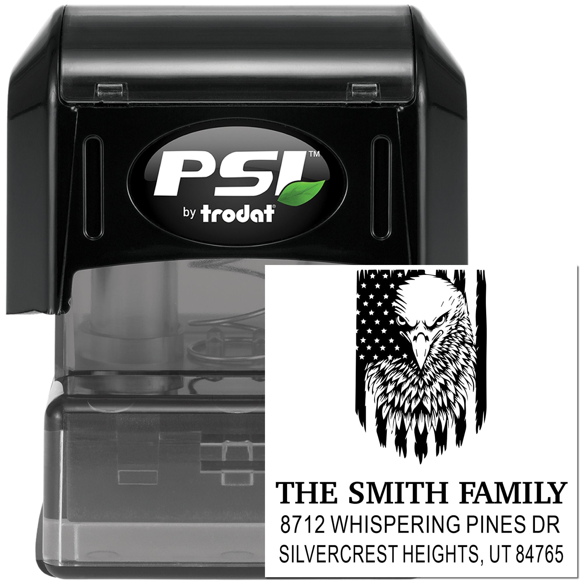 PSI by Trodat self-inking custom address stamp with eagle design and Smith family name and address on white background.