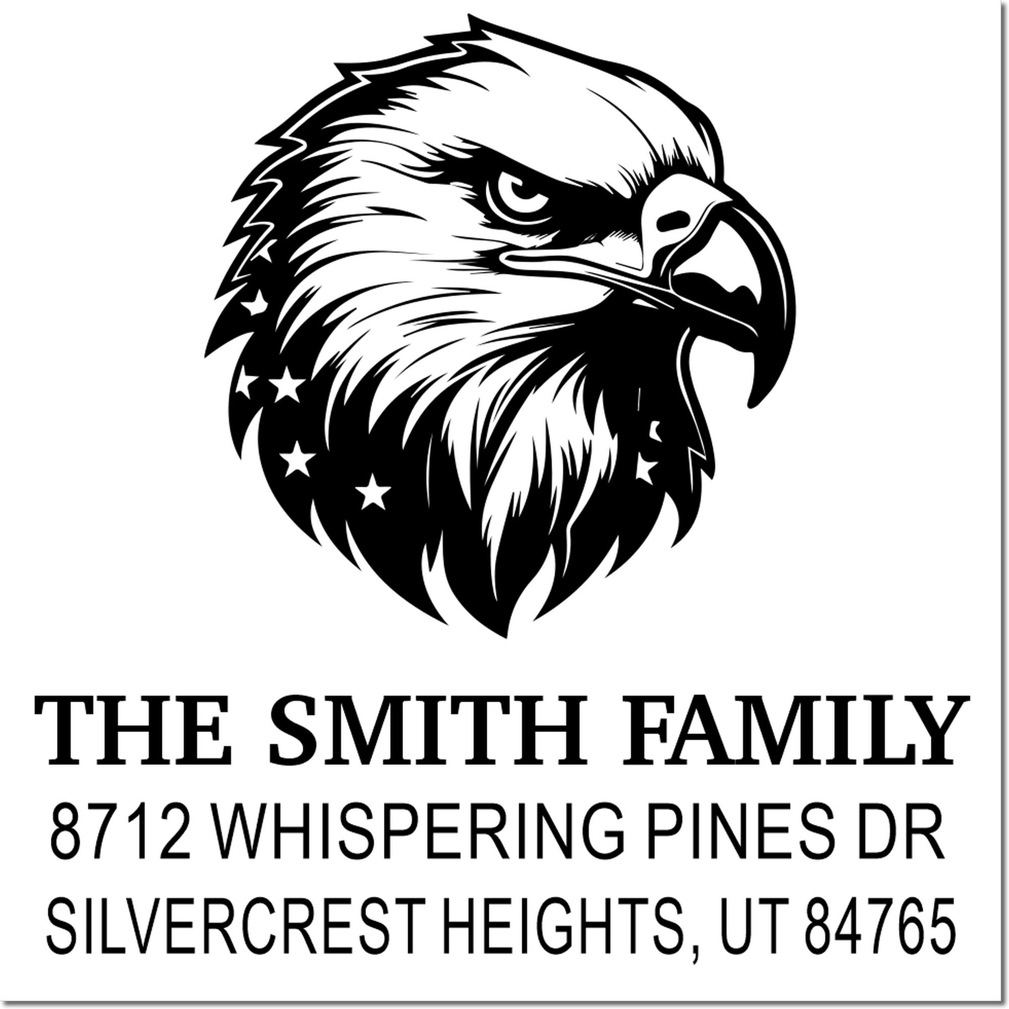 Custom return address stamp with eagle head logo and stars, reading The Smith Family, 8712 Whispering Pines Dr, Silvercrest Heights, UT 84765.