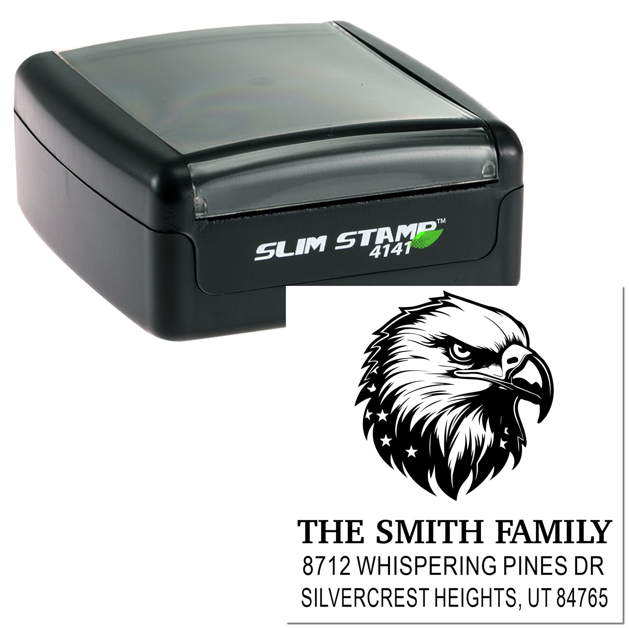 Custom self-inking address stamp with eagle logo and The Smith Family imprint, shown beside a black Slim Stamp 4141 on a white background.