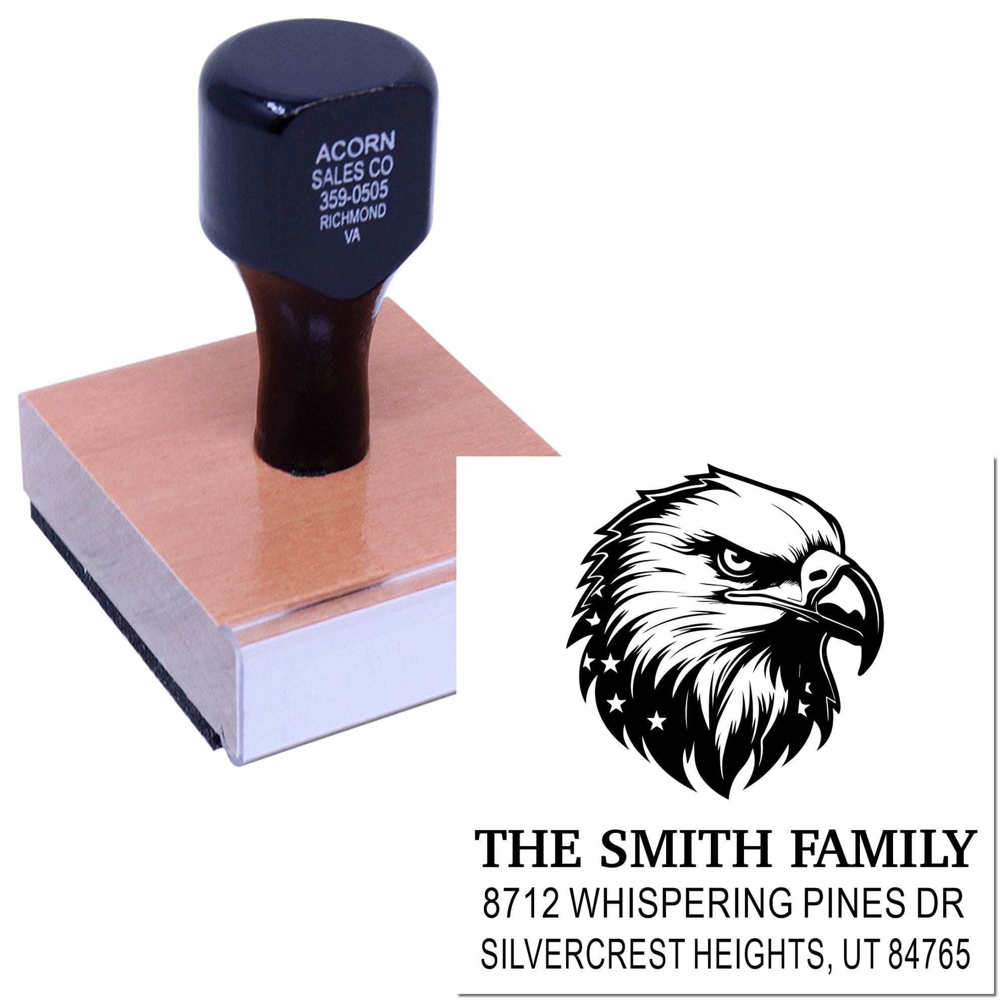 Custom self-inking address stamp with eagle logo, shown on a block with sample return address imprint on a white background.