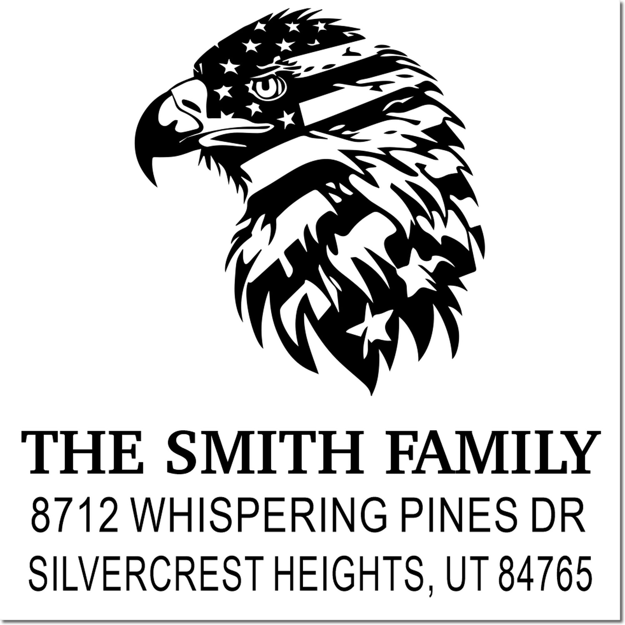 Custom address stamp with patriotic eagle head graphic and The Smith Family name, Whispering Pines Dr, Silvercrest Heights, UT 84765.