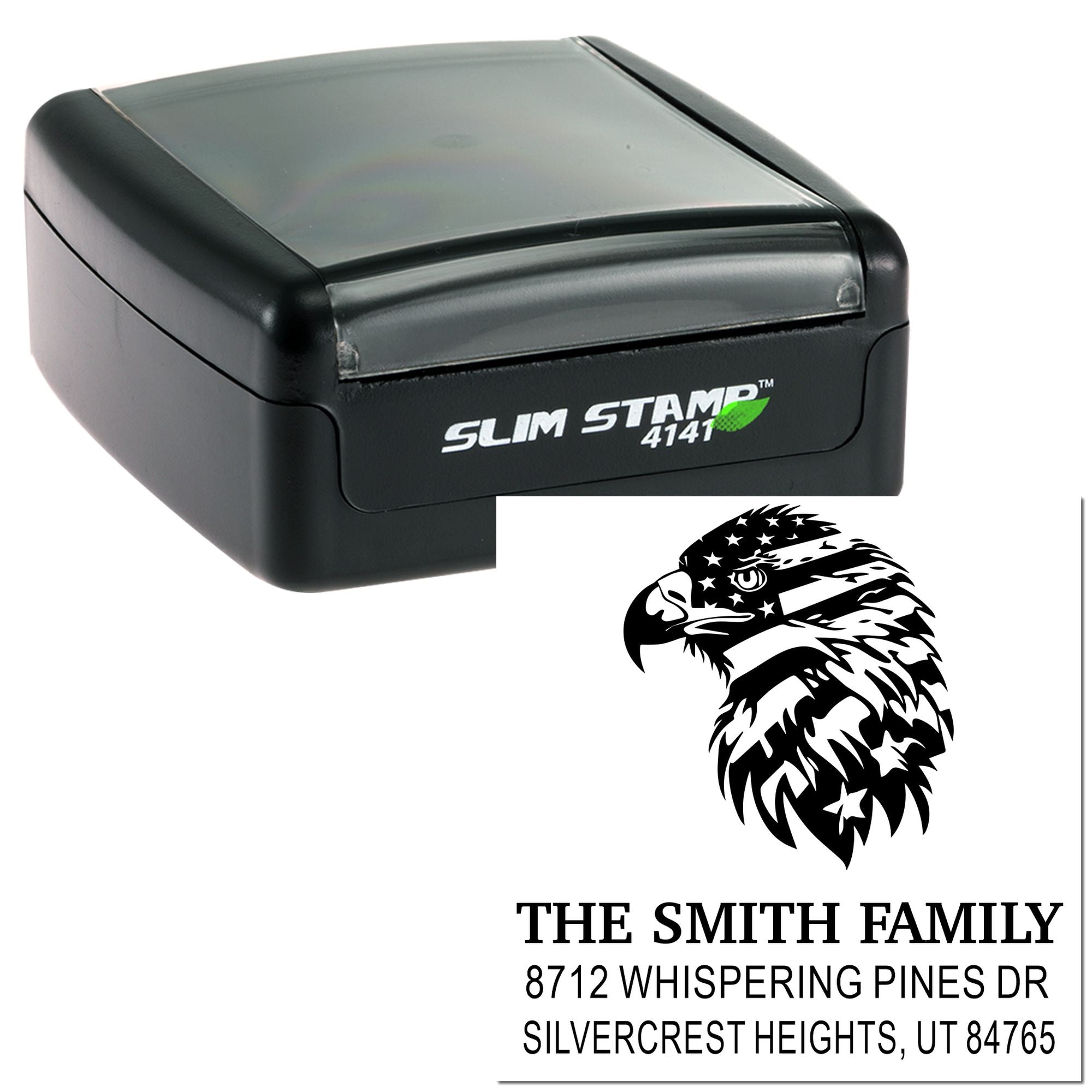 Slim Stamp 4141 self-inking rubber stamp with eagle design and custom family return address for personalized mailing and address labels