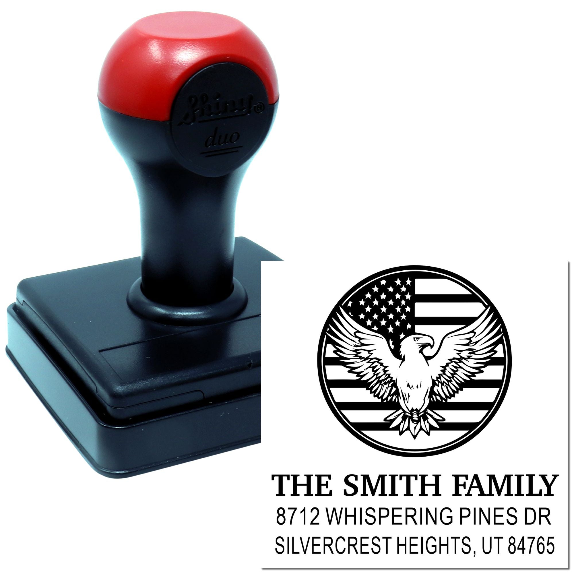 Custom self-inking rubber stamp with red and black handle, eagle emblem, and personalized Smith Family return address design for mailing envelopes