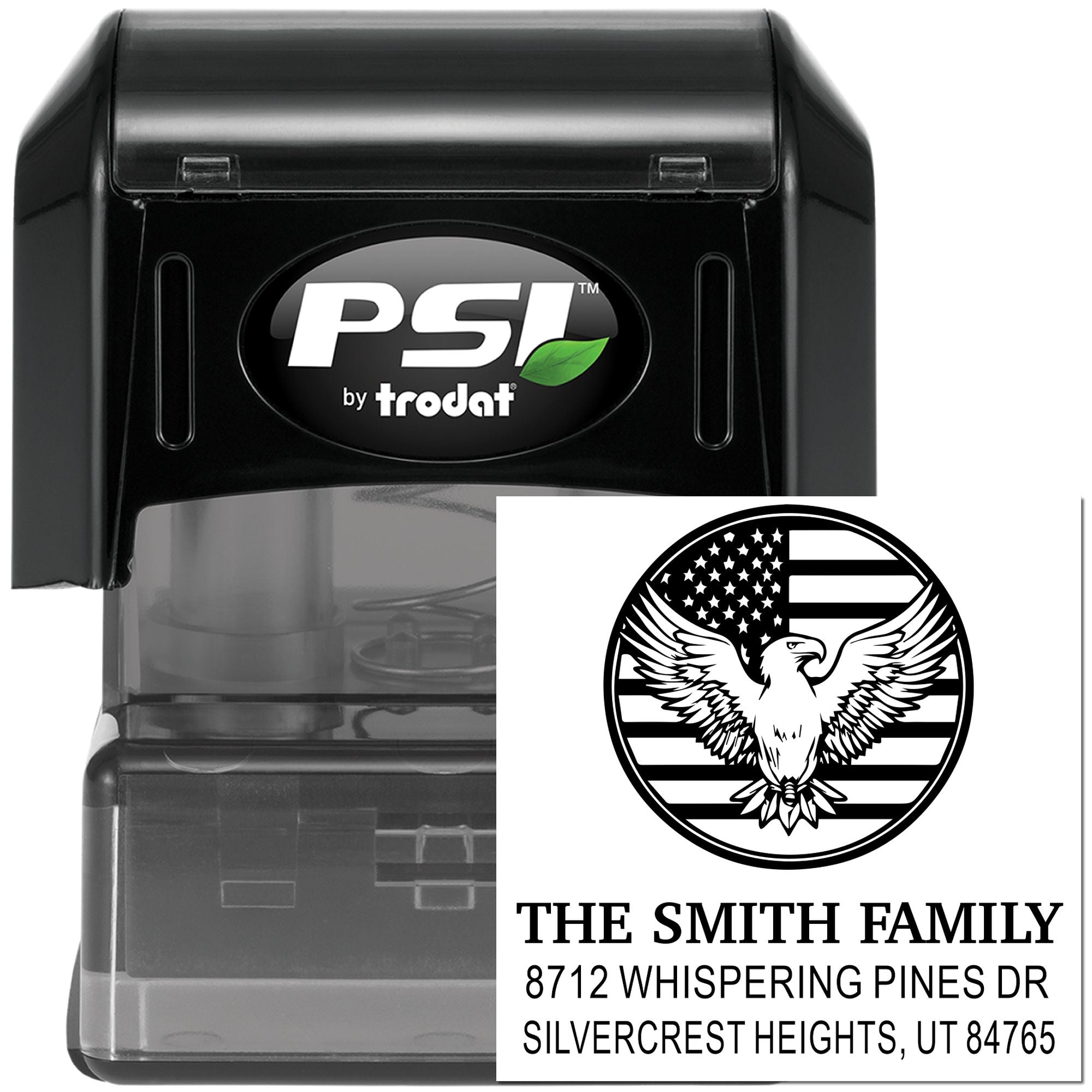 PSI by Trodat self-inking custom address stamp with eagle emblem, The Smith Family name, street address, city, state and ZIP code for mail marking