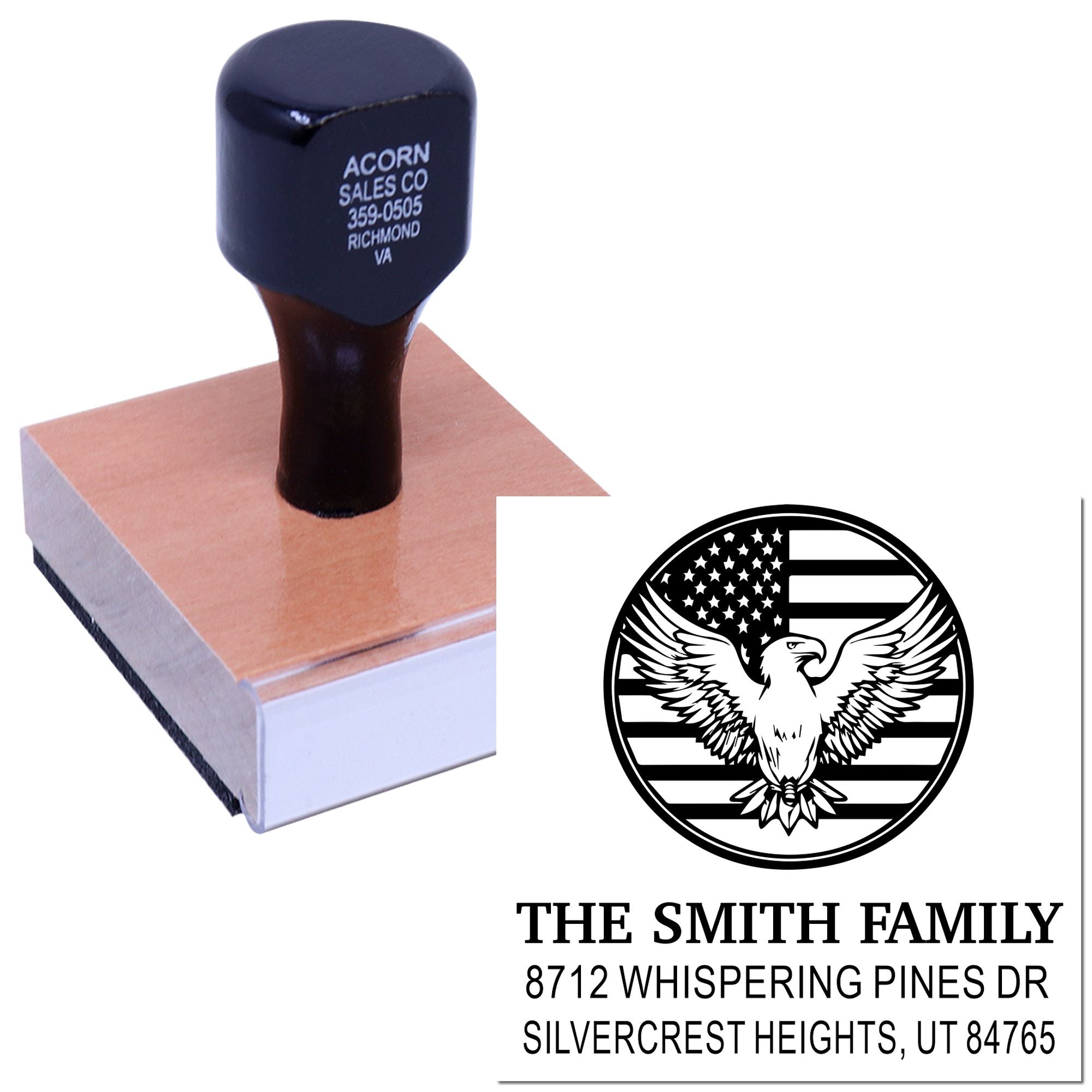 Custom rubber stamp with patriotic eagle logo and The Smith Family address imprint for personalized return address mailing use