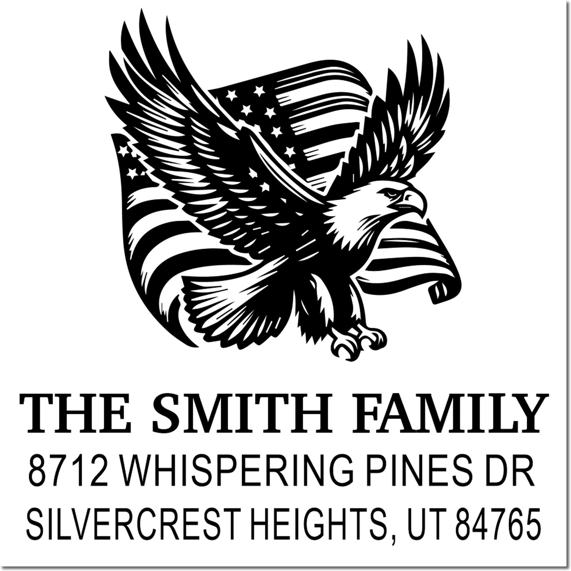 Custom address rubber stamp with patriotic eagle and American flag, personalized for The Smith Family, 8712 Whispering Pines Dr, UT 84765.