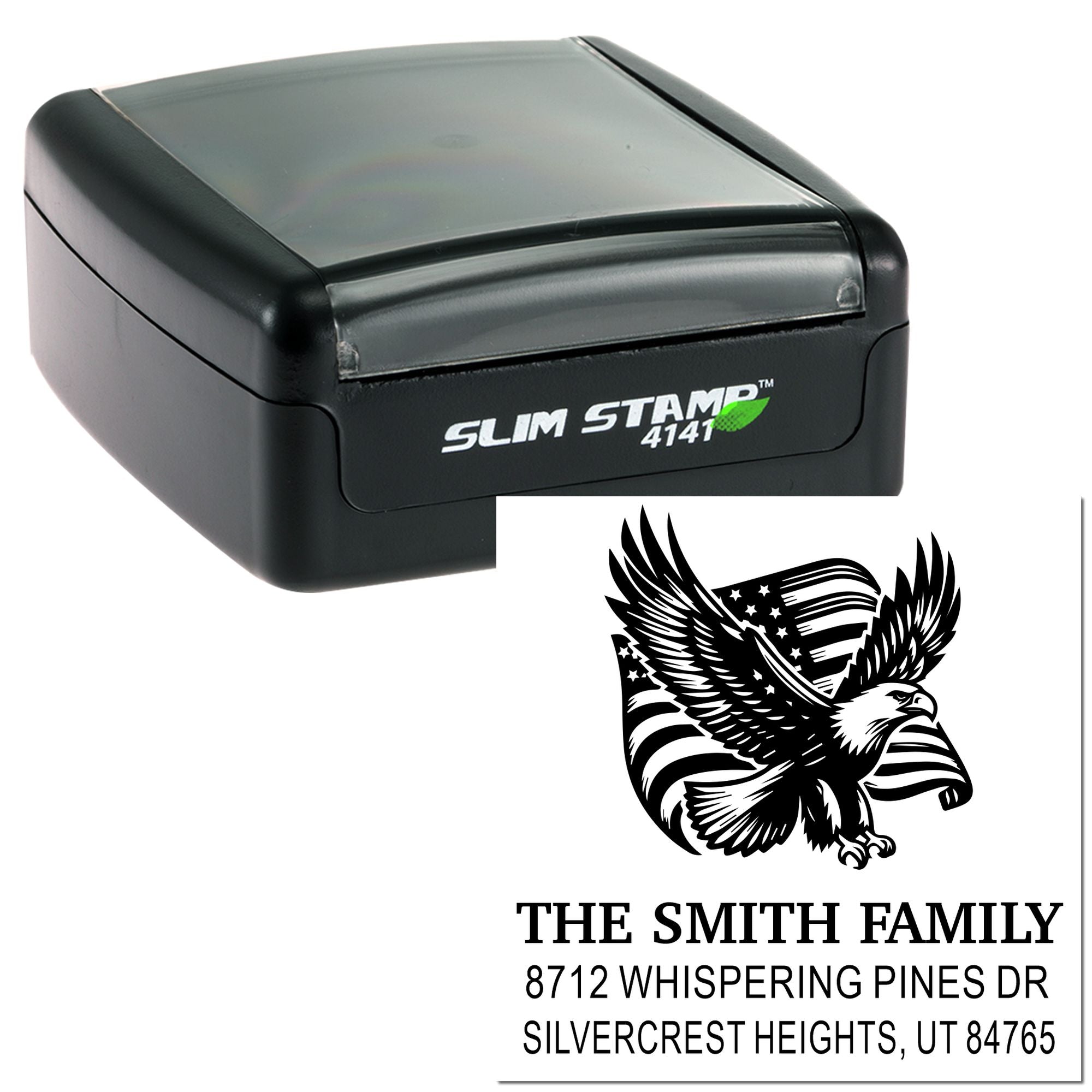 Custom self-inking rubber stamp with eagle and American flag design, personalized return address stamp for The Smith Family, Silvercrest Heights
