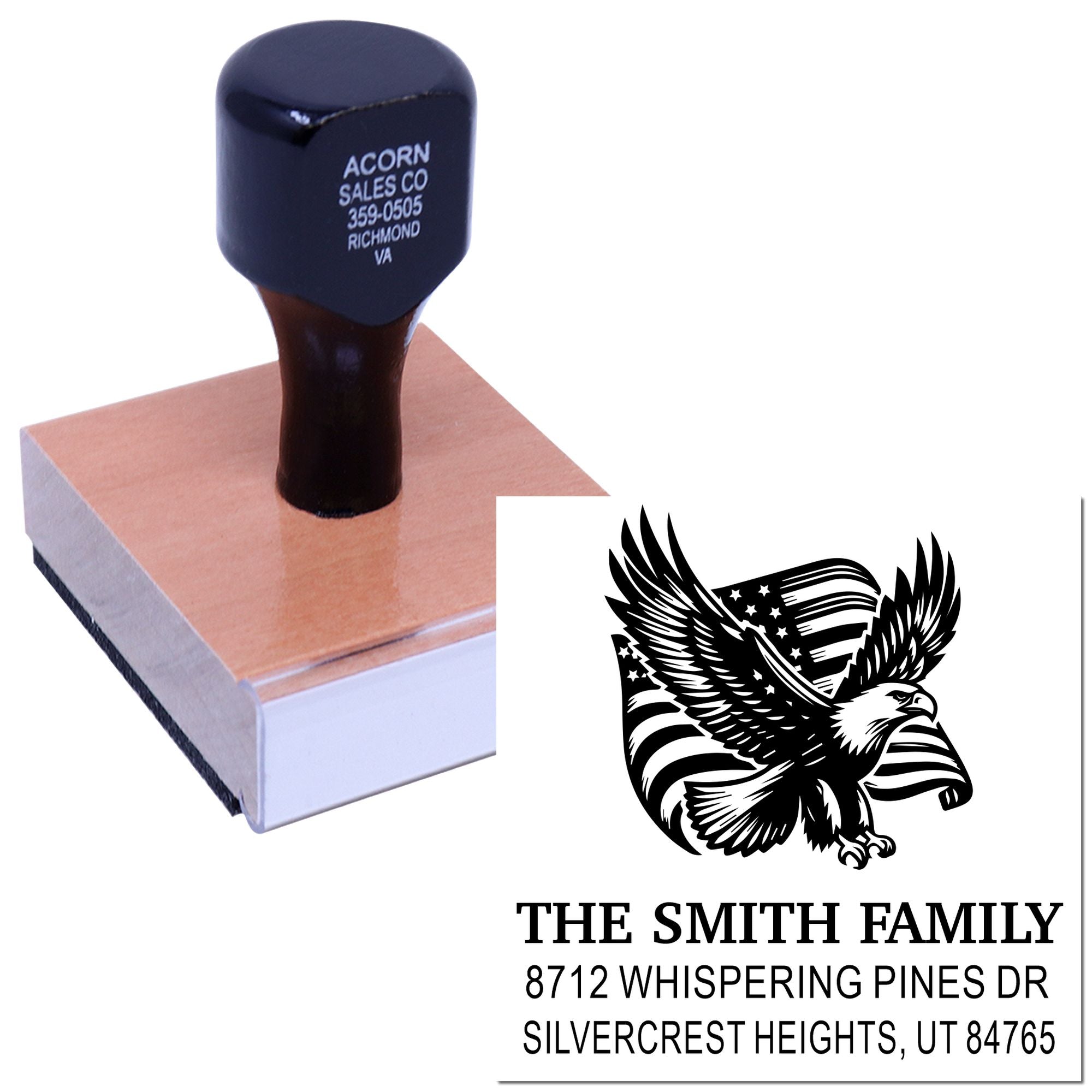 Custom address rubber stamp with eagle graphic, imprinting The Smith Family and Utah address on a wooden mount against a white background.