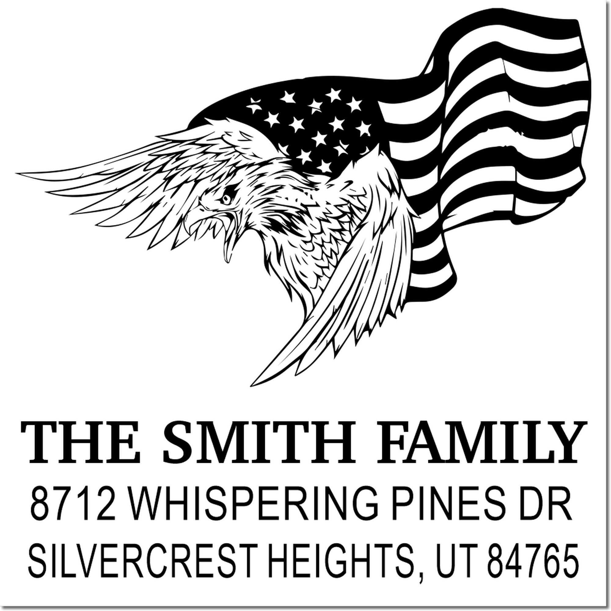 Custom rubber stamp with patriotic eagle and American flag design, personalized family name and address return address stamp for mailing envelopes