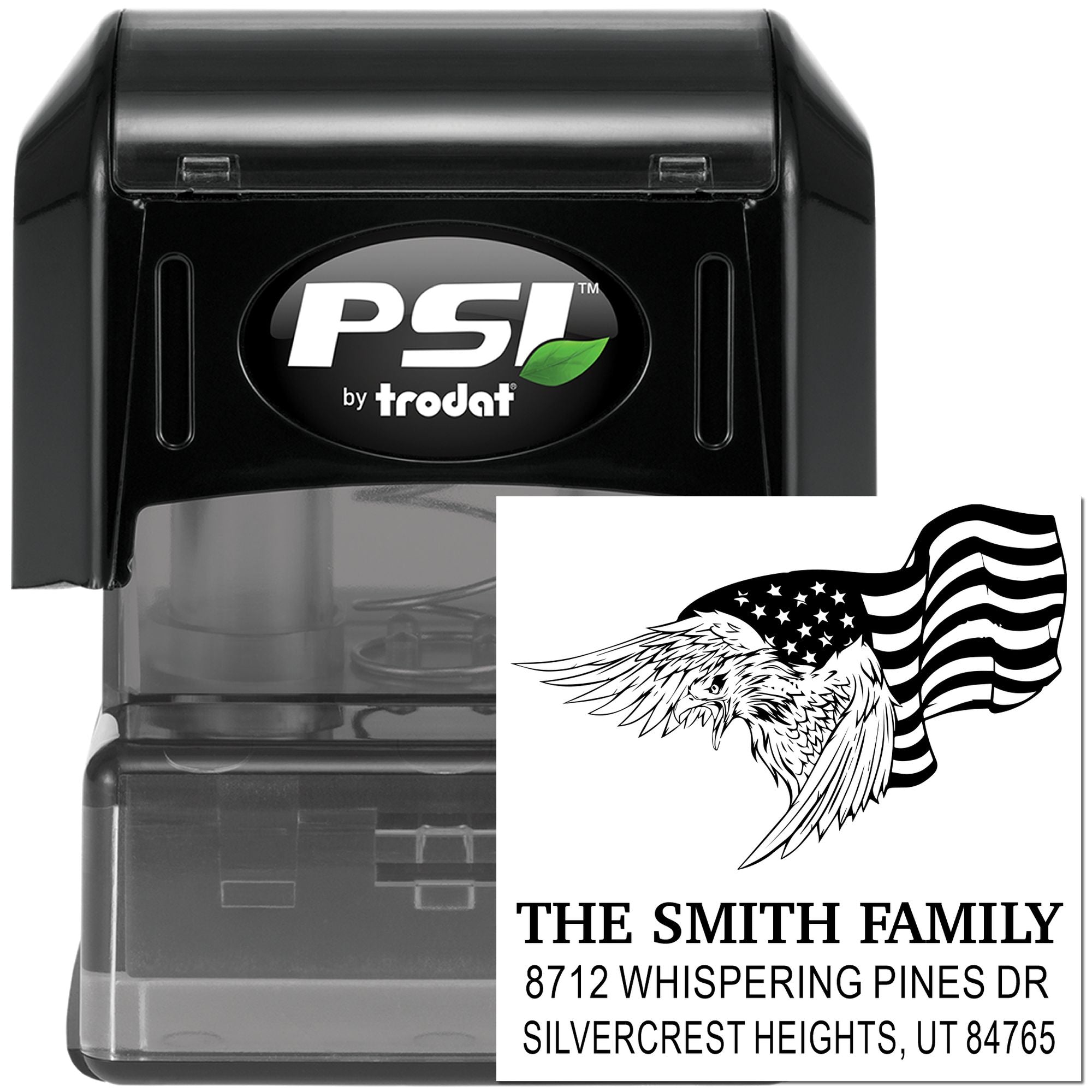Custom PSI by Trodat self-inking address rubber stamp with eagle and American flag design for The Smith Family, featuring name and full mailing address
