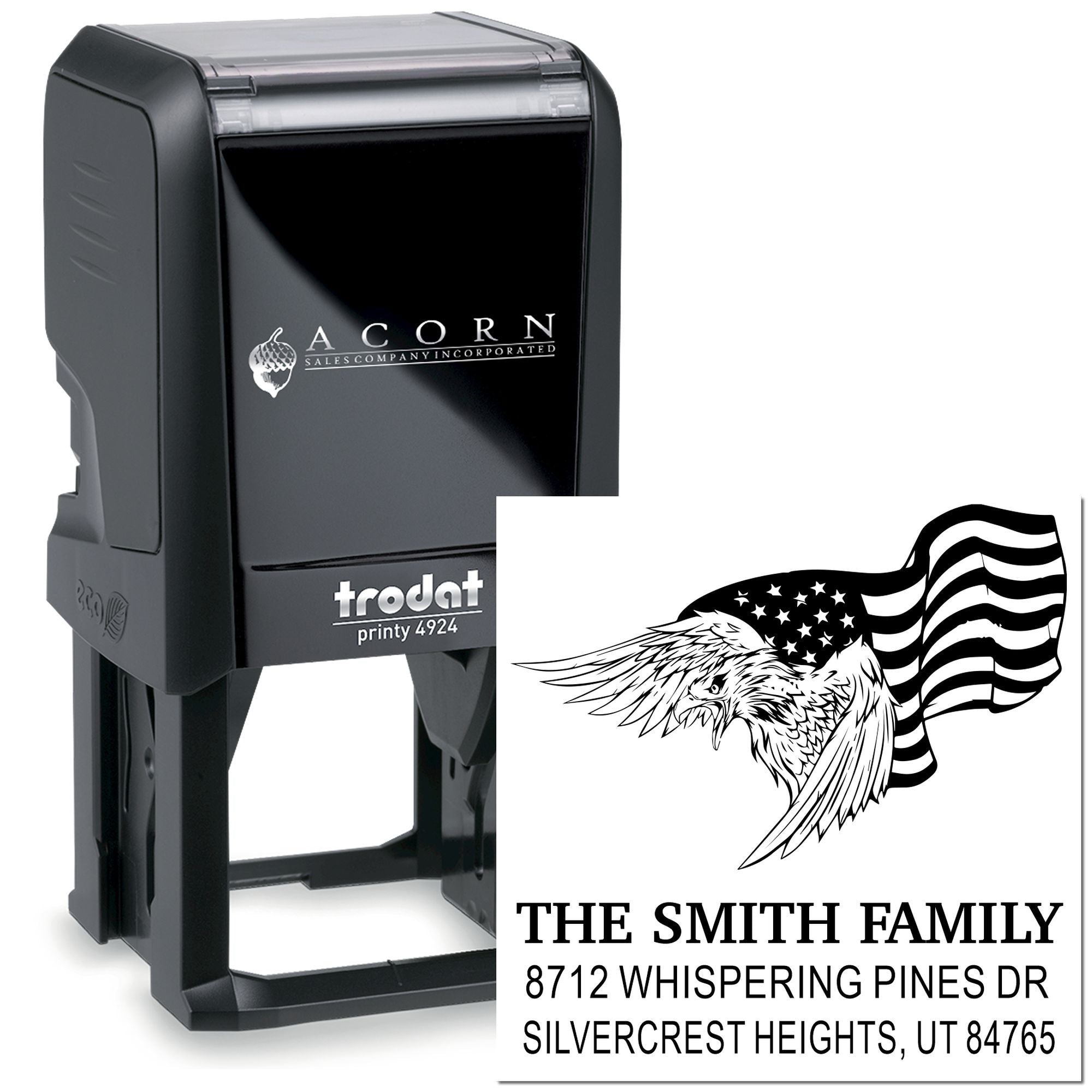 Custom Trodat self-inking address stamp with American eagle and U.S. flag design for The Smith Family, showing return address on white background.