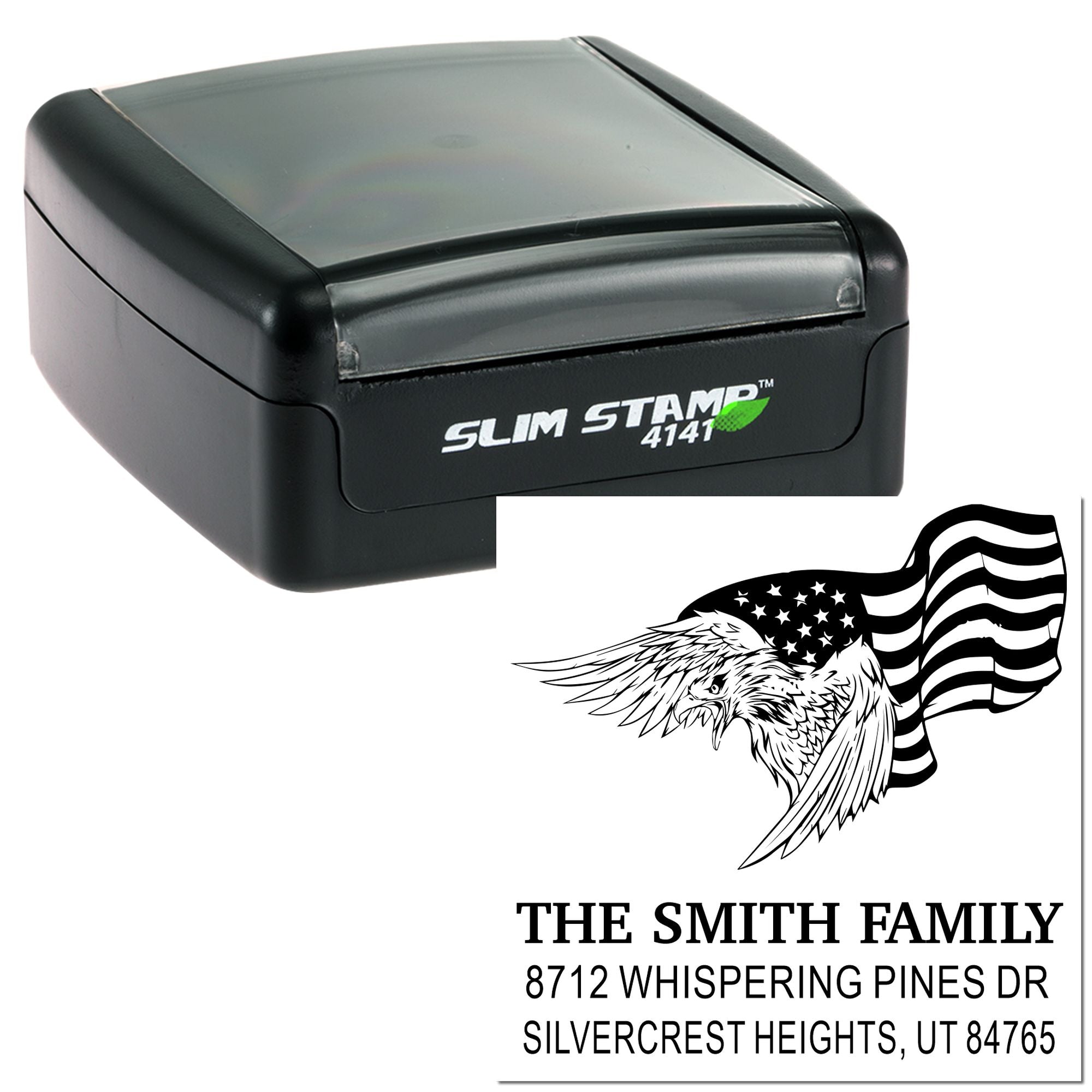 Custom Slim Stamp 4141 rubber stamp with eagle and American flag return address design for The Smith Family, 8712 Whispering Pines Dr, UT 84765