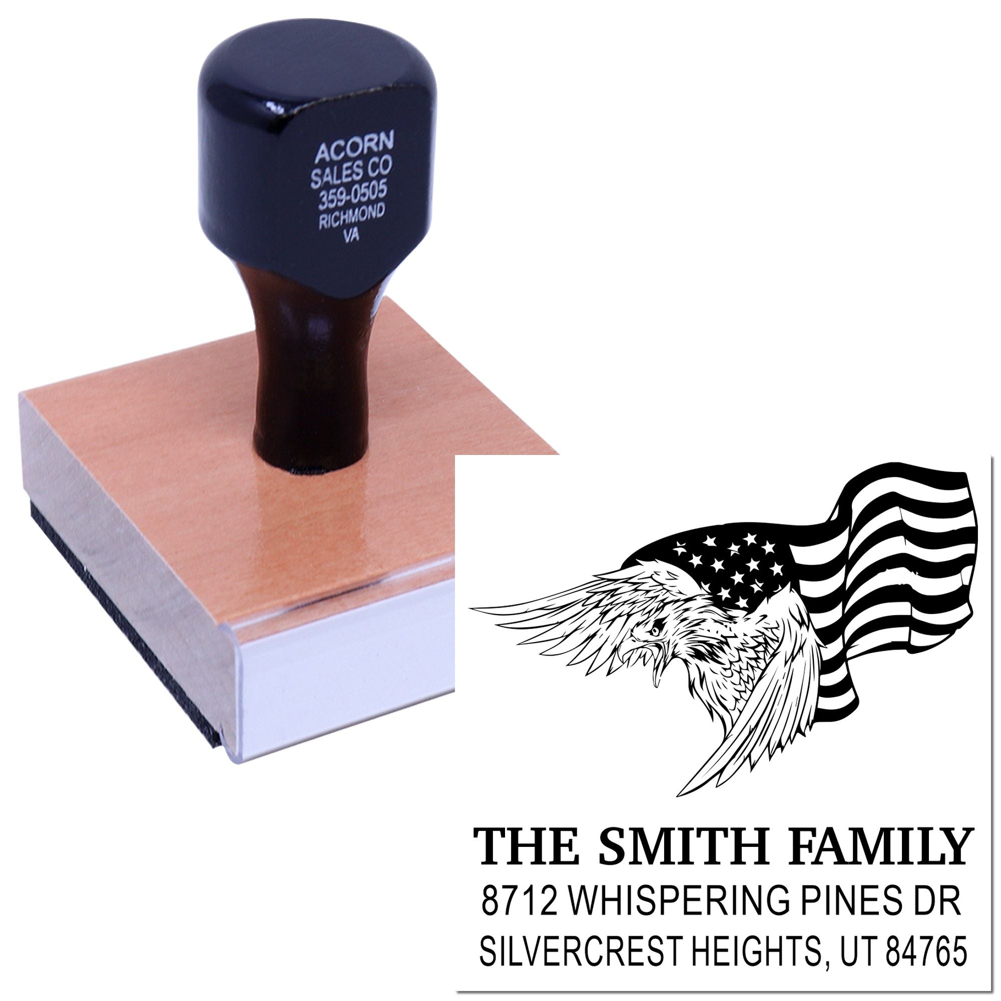 Custom rubber address stamp with eagle and American flag design, personalized family name and address, durable wood handle rubber stamp for mailings