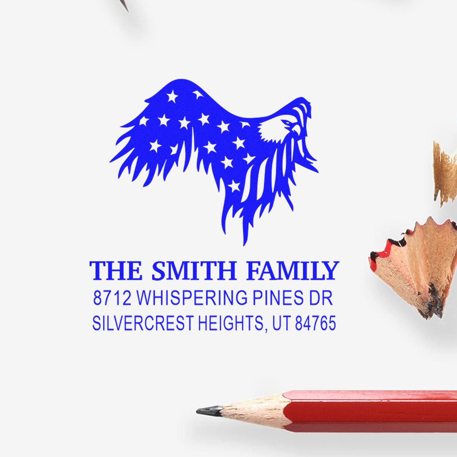 Custom rubber address stamp with patriotic eagle design, The Smith Family, 8712 Whispering Pines Dr, Silvercrest Heights, UT 84765.
